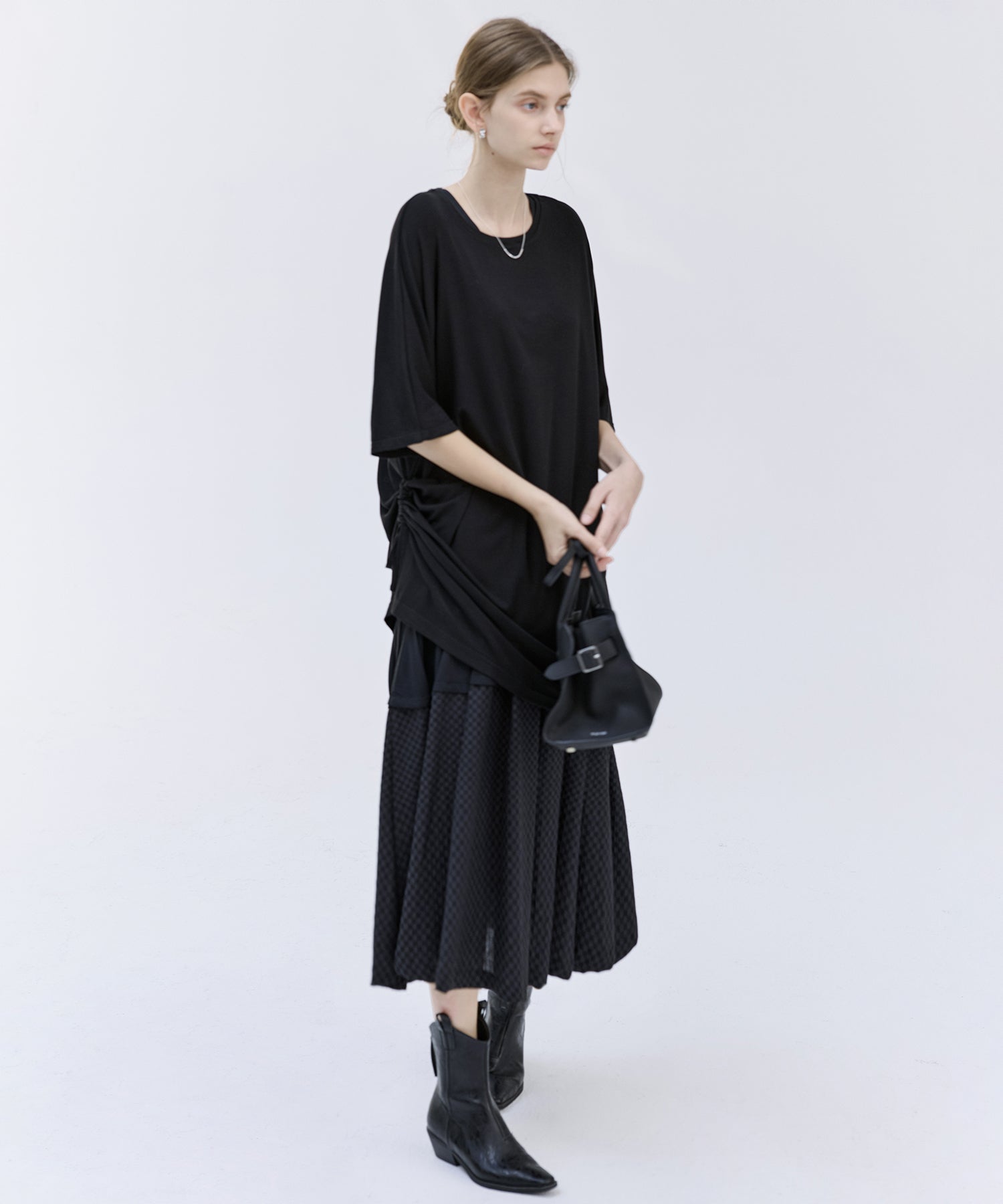 Mixed-Material Gathered V-Neck Flare Dress