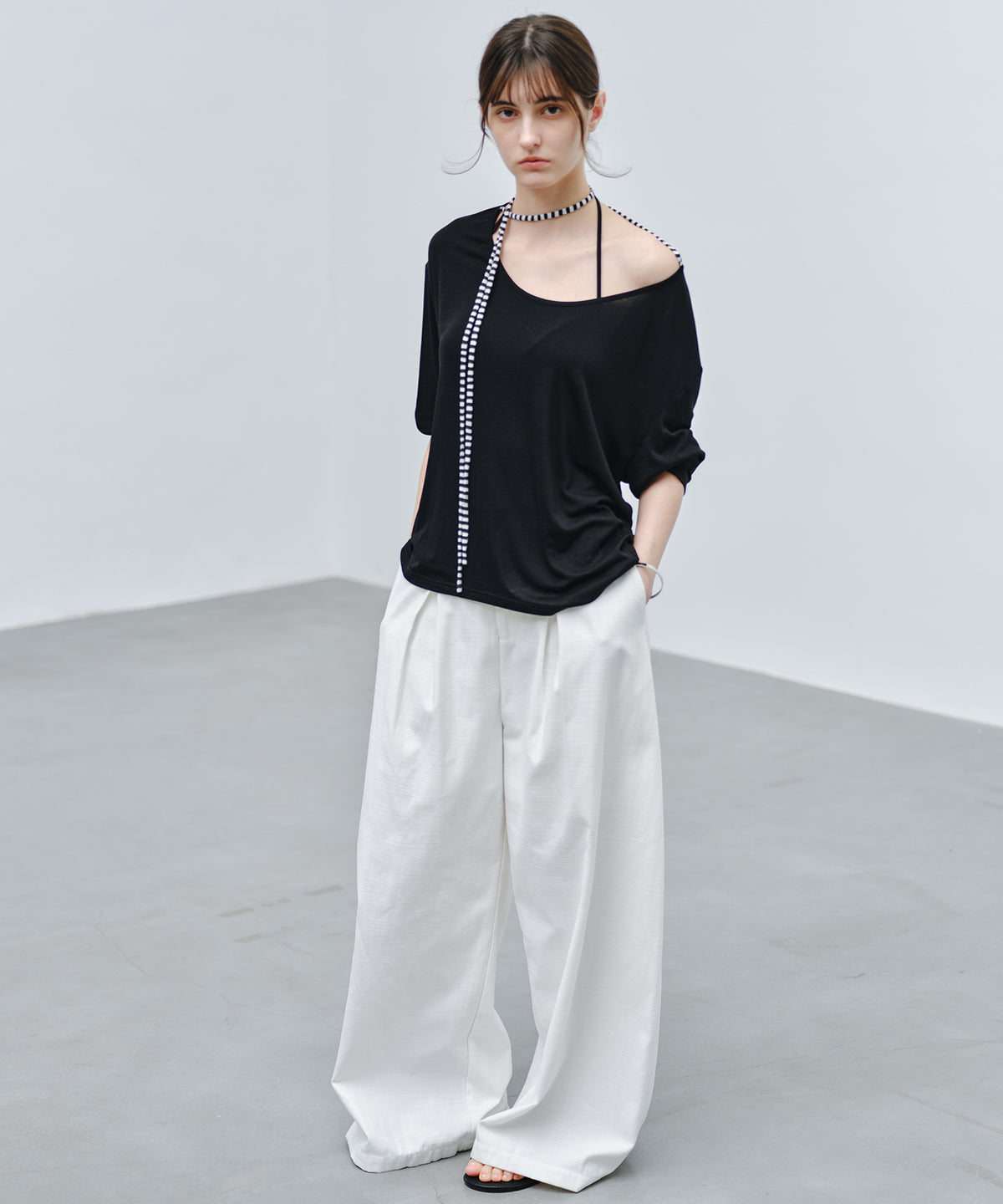 「9月下旬出荷予定」Striped Cord U-Neck Draped Top