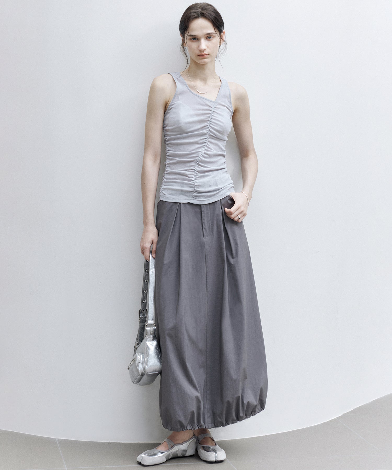 Asymmetric Gather Sheer Sleeveless Top