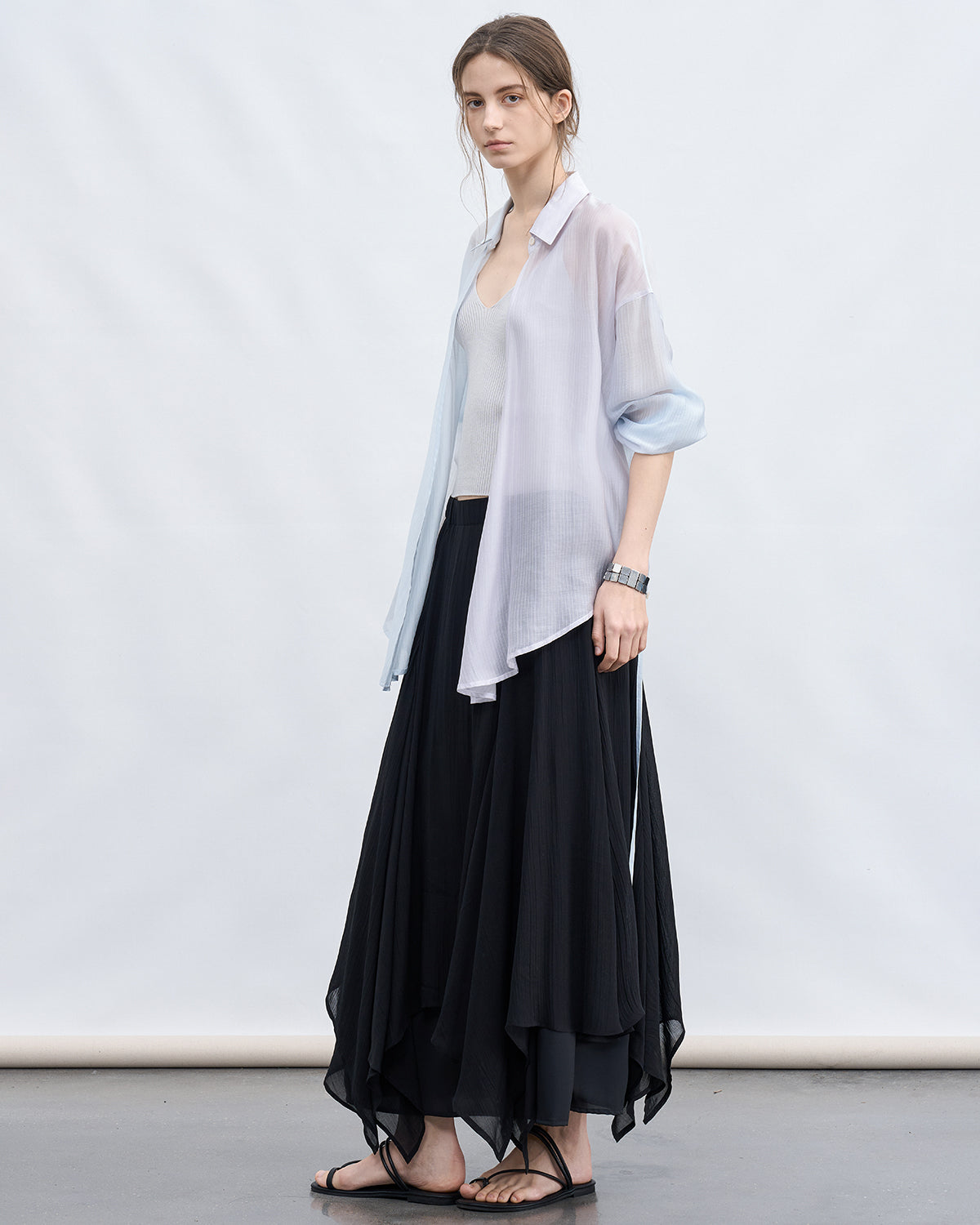 Bi-color Asymmetric Neck Sheer Shirt