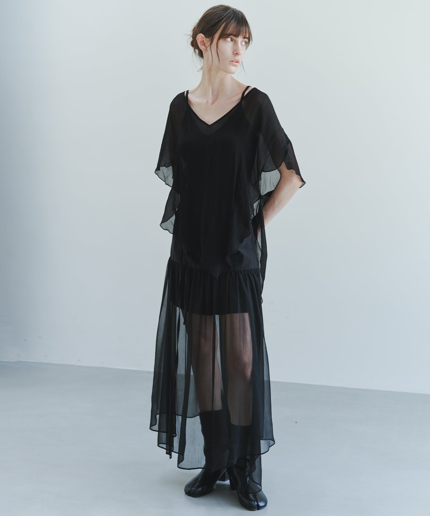 「8月中旬~下旬出荷」Sheer Layered Draped Long Skirt