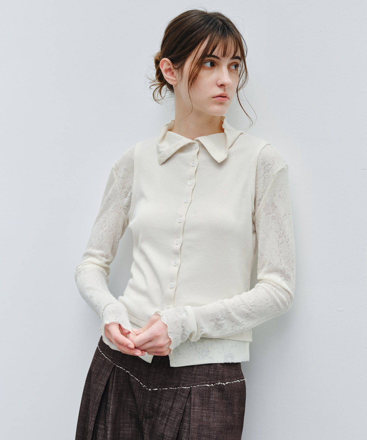 「9月下旬出荷予定」Lace Sleeve Layered Collar Top
