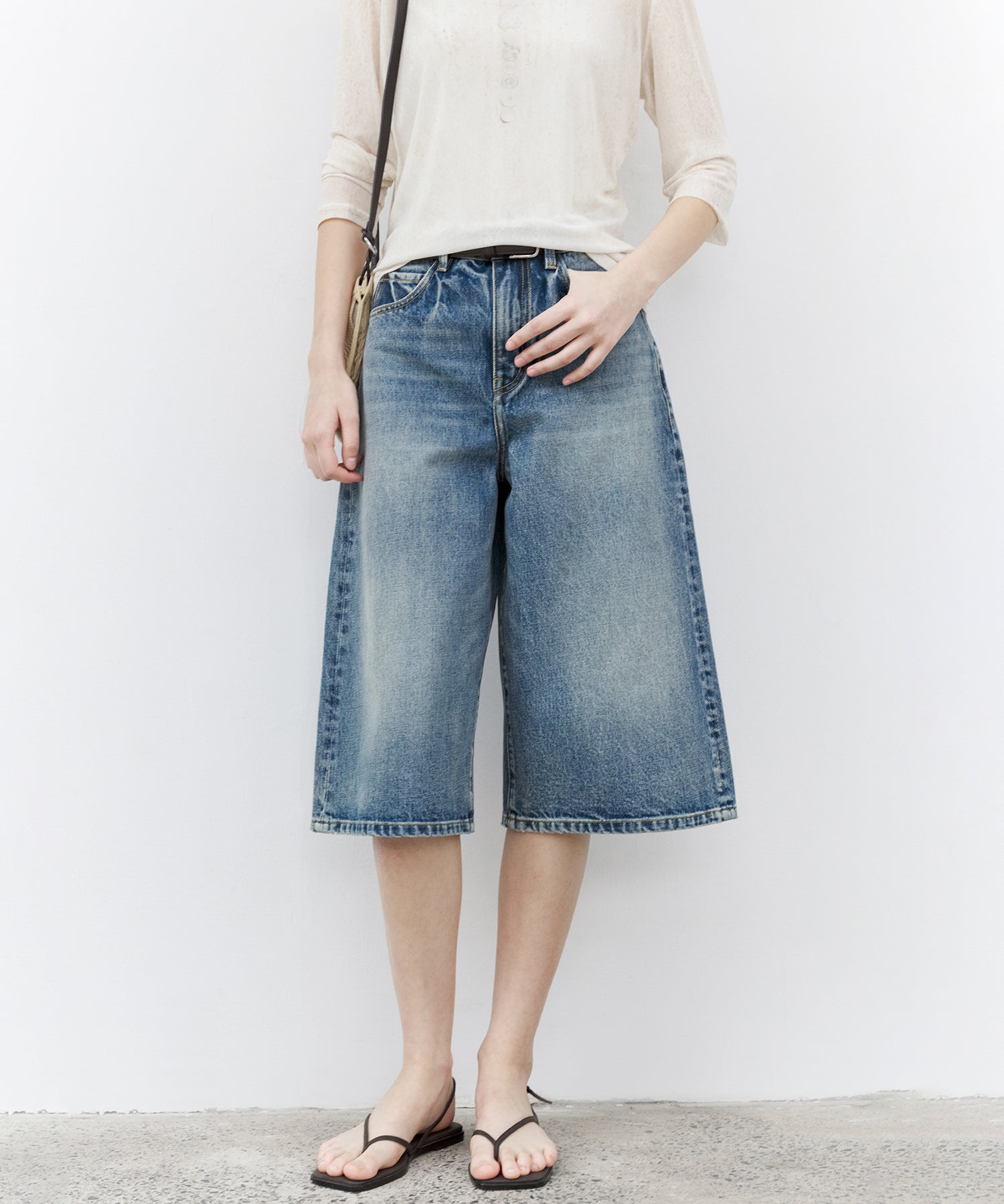 Washed Wide-Leg Denim Shorts