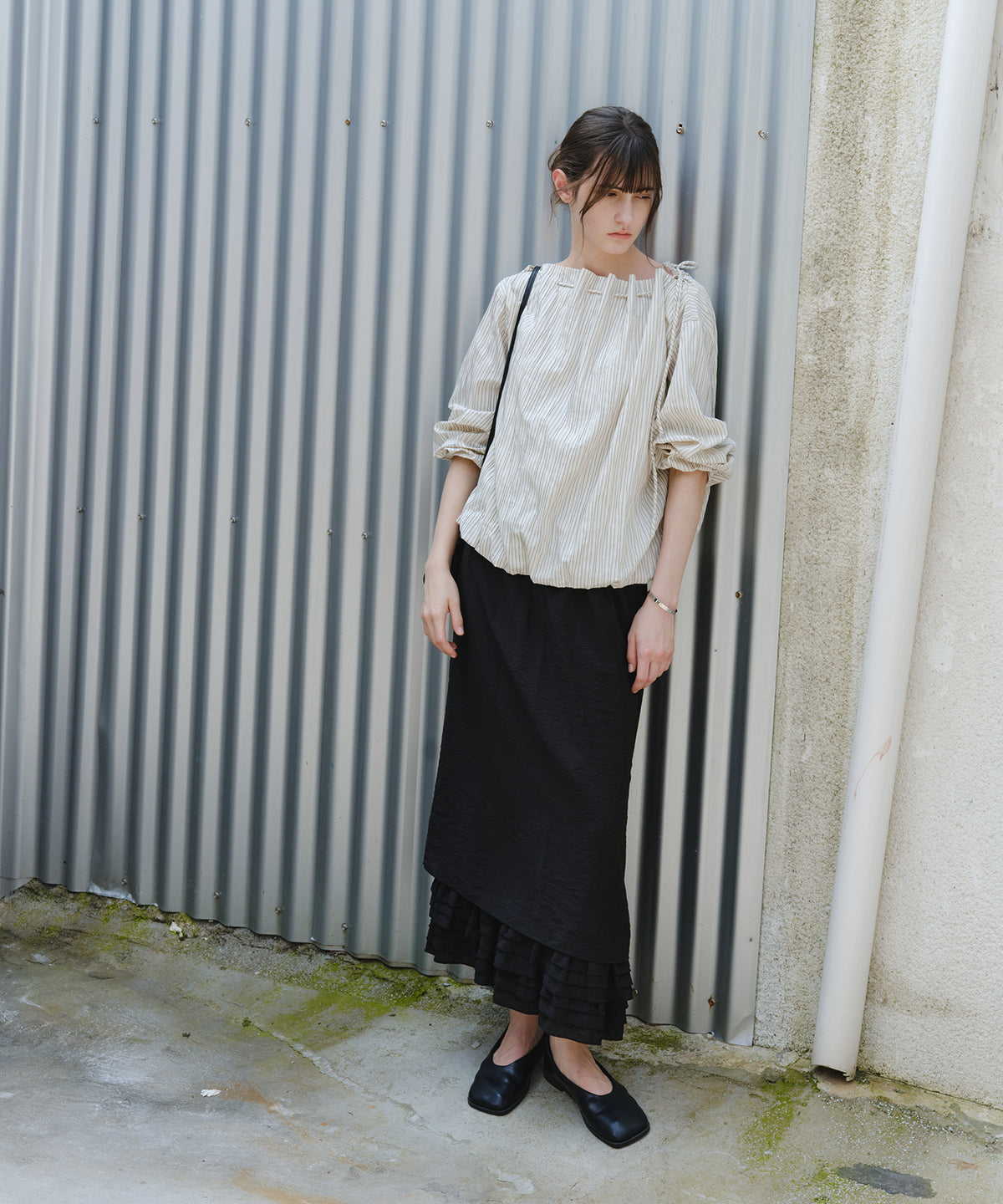 Asymmetric Off-Shoulder Drawstring Stripe Blouse