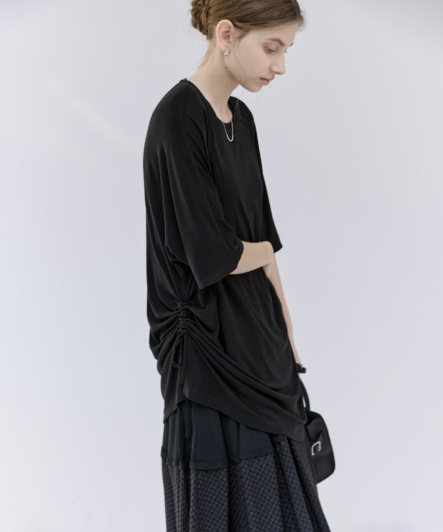 Mixed-Material Gathered V-Neck Flare Dress