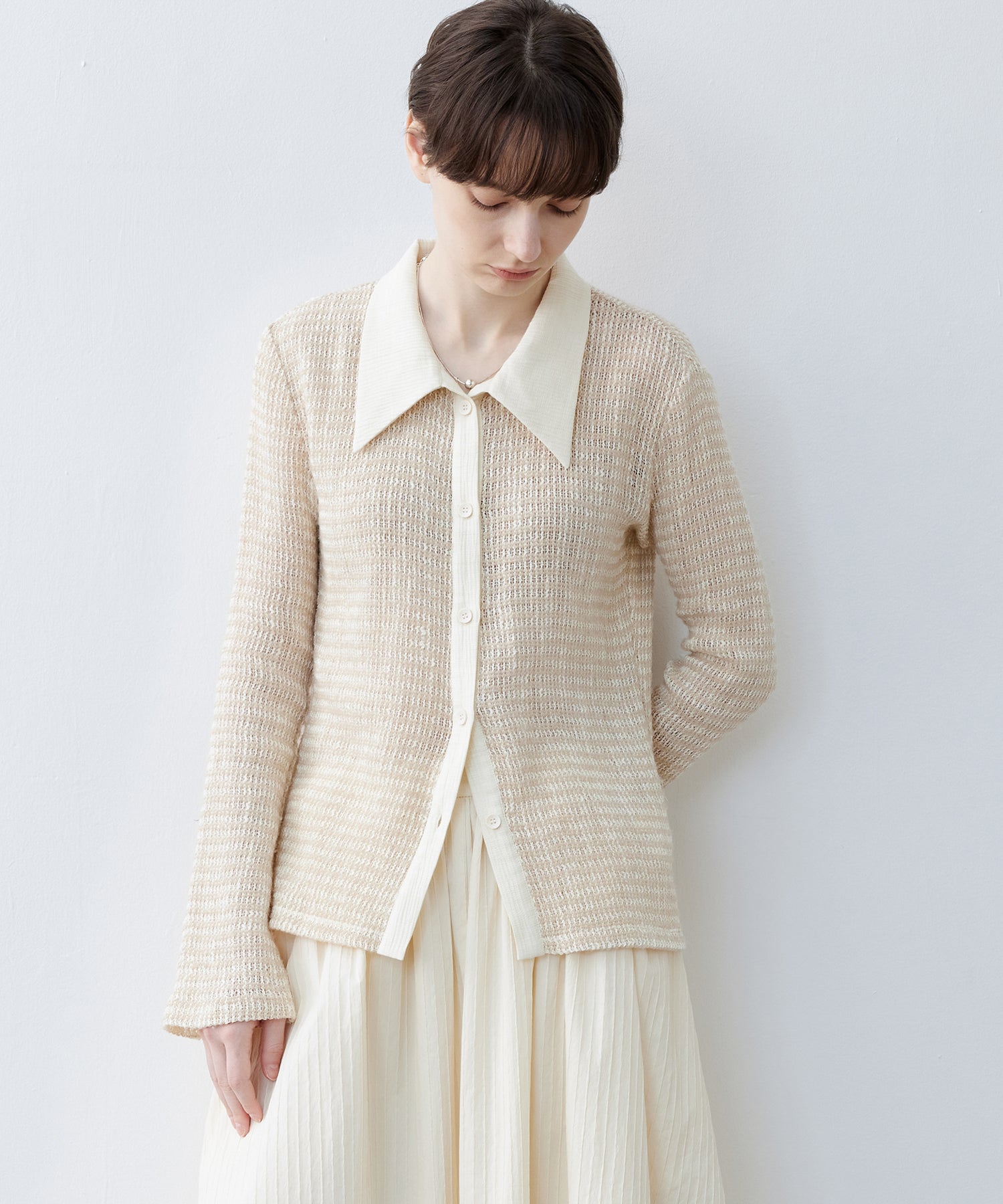 Two-Tone Openwork Knit Shirt Blouse