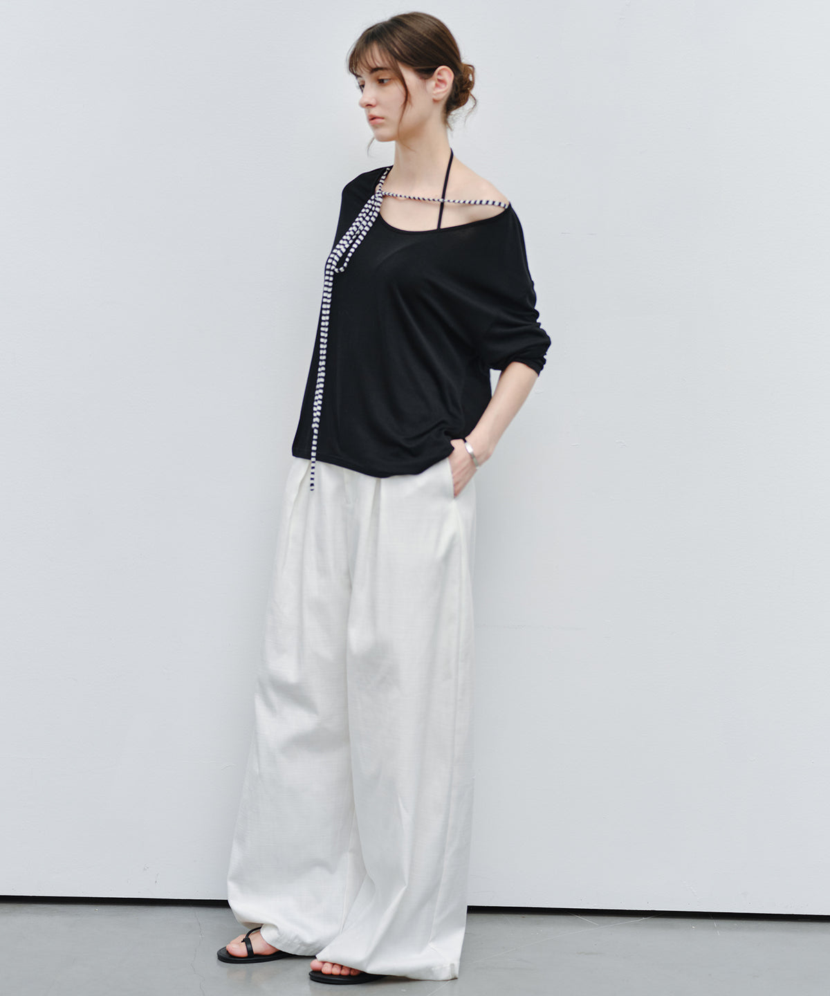 「9月下旬出荷予定」Striped Cord U-Neck Draped Top