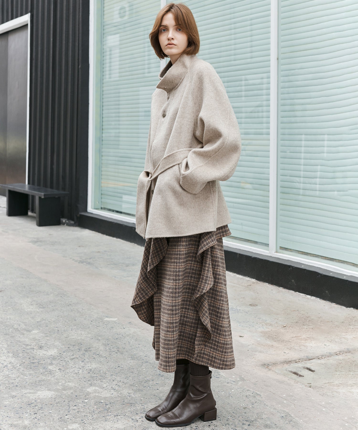 Wool Blend Irregular Flake Detail Yarn-Dyed Vintage Check Brushed A-Line Midi Skirt