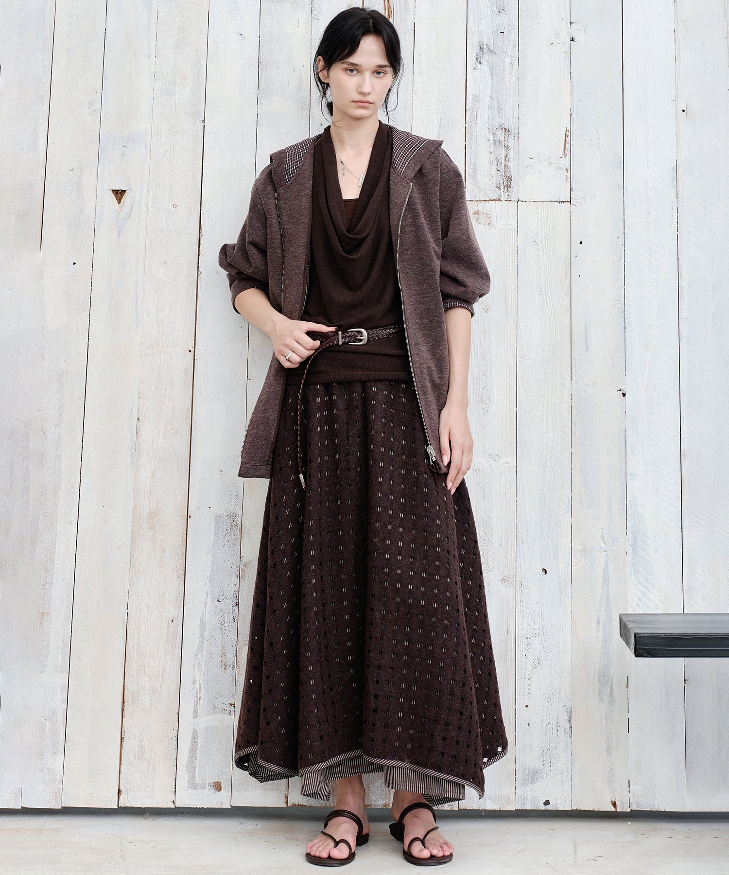 Cut-Out Layered High-Waist A-Line Midi Flare Skirt