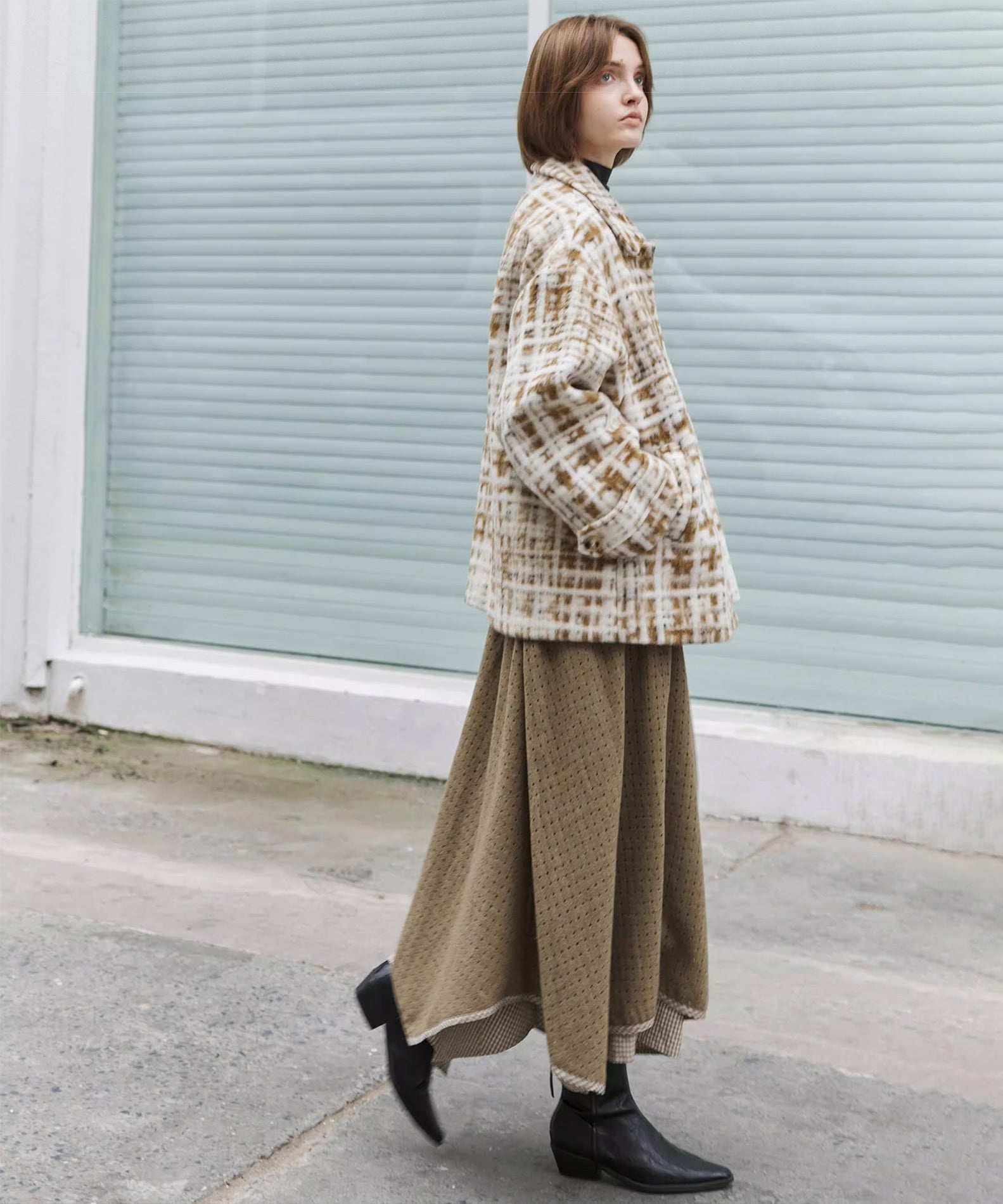 Hazy Plaid Tailored Wool Short Over-coat