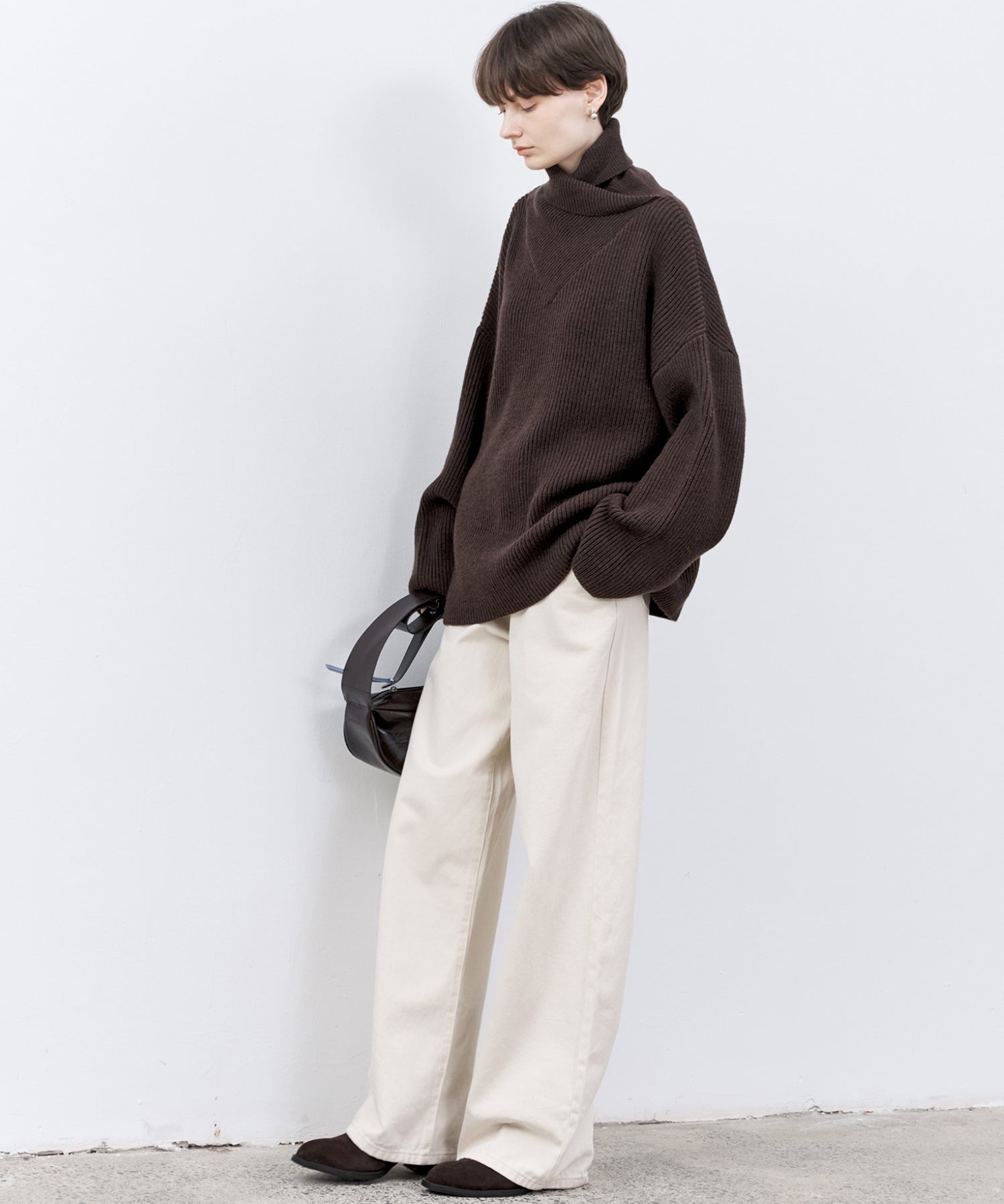 Relaxed Fit Wool-Blend Sweater with Crossed High Neck