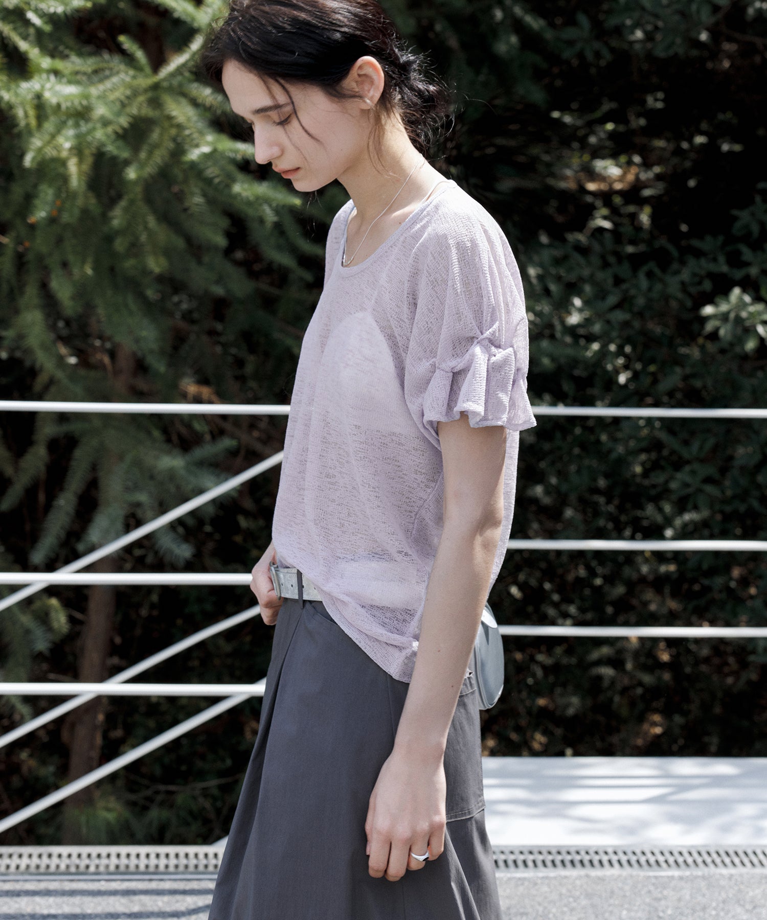Sheer Gathered Sleeve T-Shirt