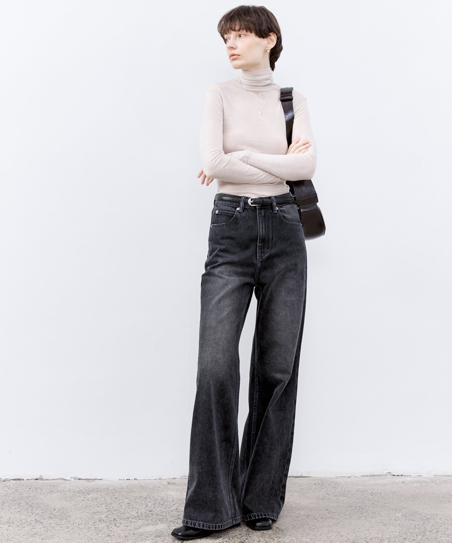 Draped Texture Wool Turtleneck Long Sleeve Top