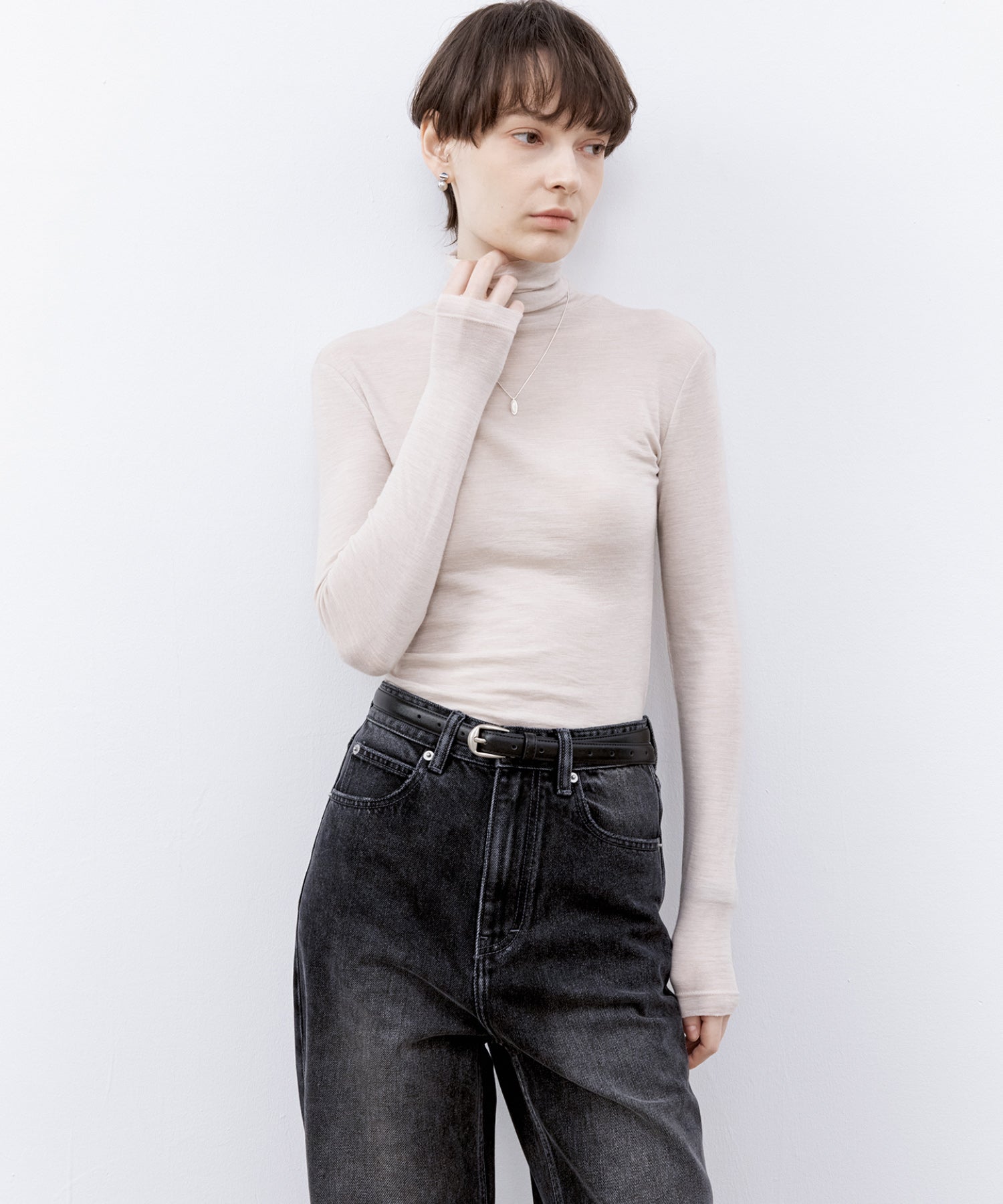 Draped Texture Wool Turtleneck Long Sleeve Top