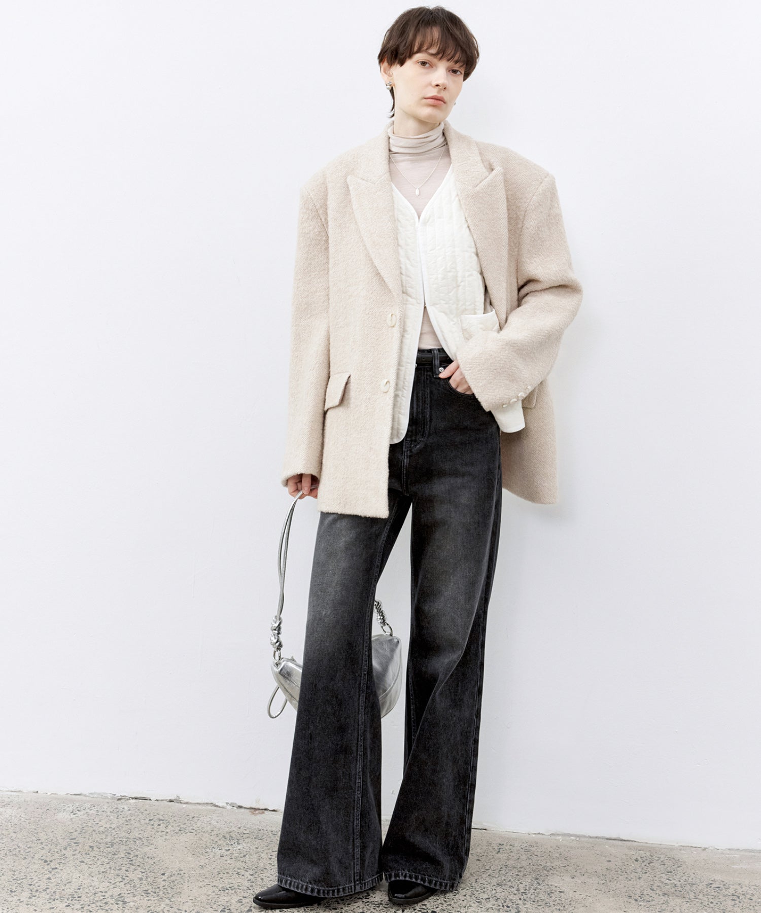 Draped Texture Wool Turtleneck Long Sleeve Top