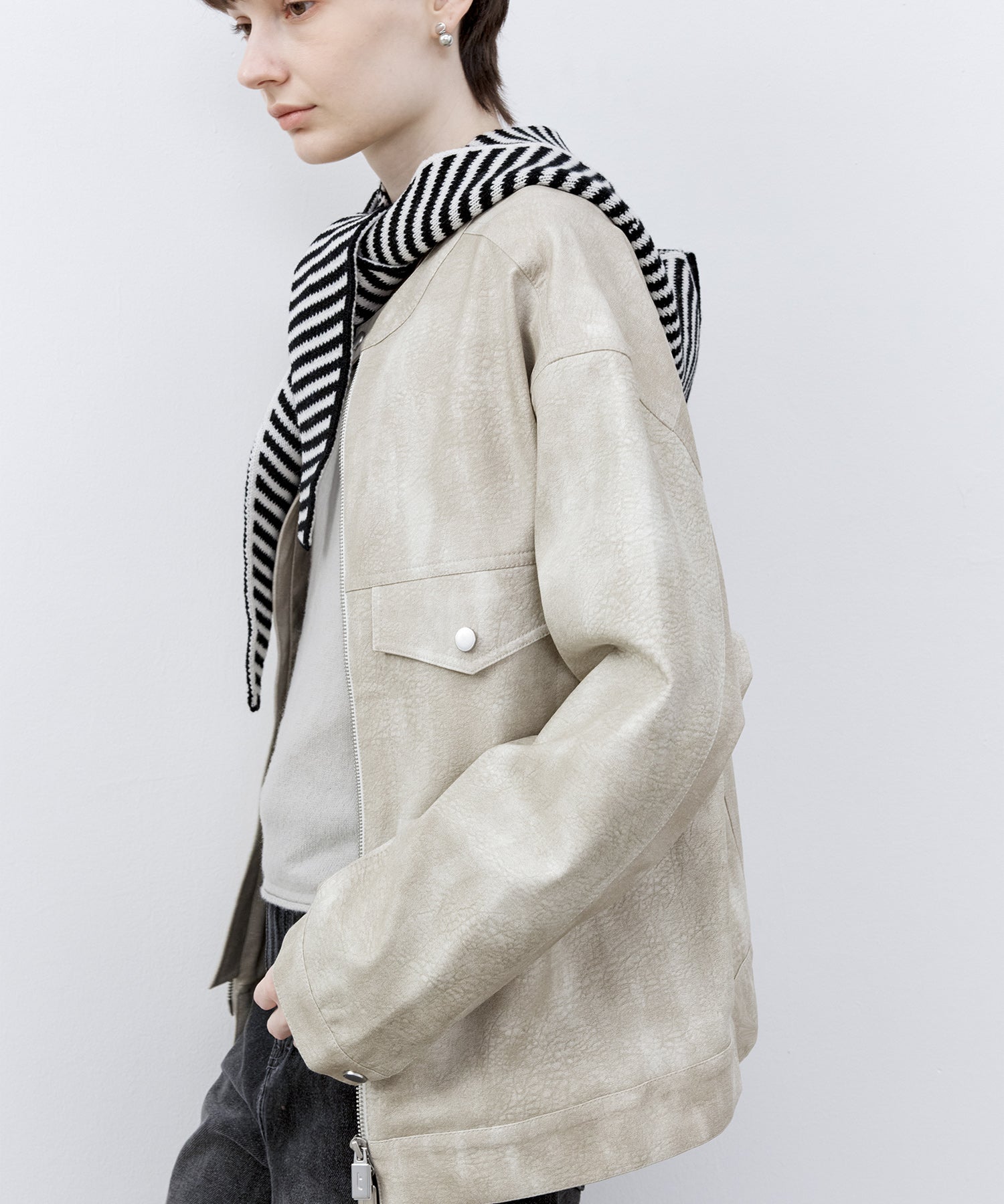 Vintage Grain Washed Faux Leather Panel Jacket