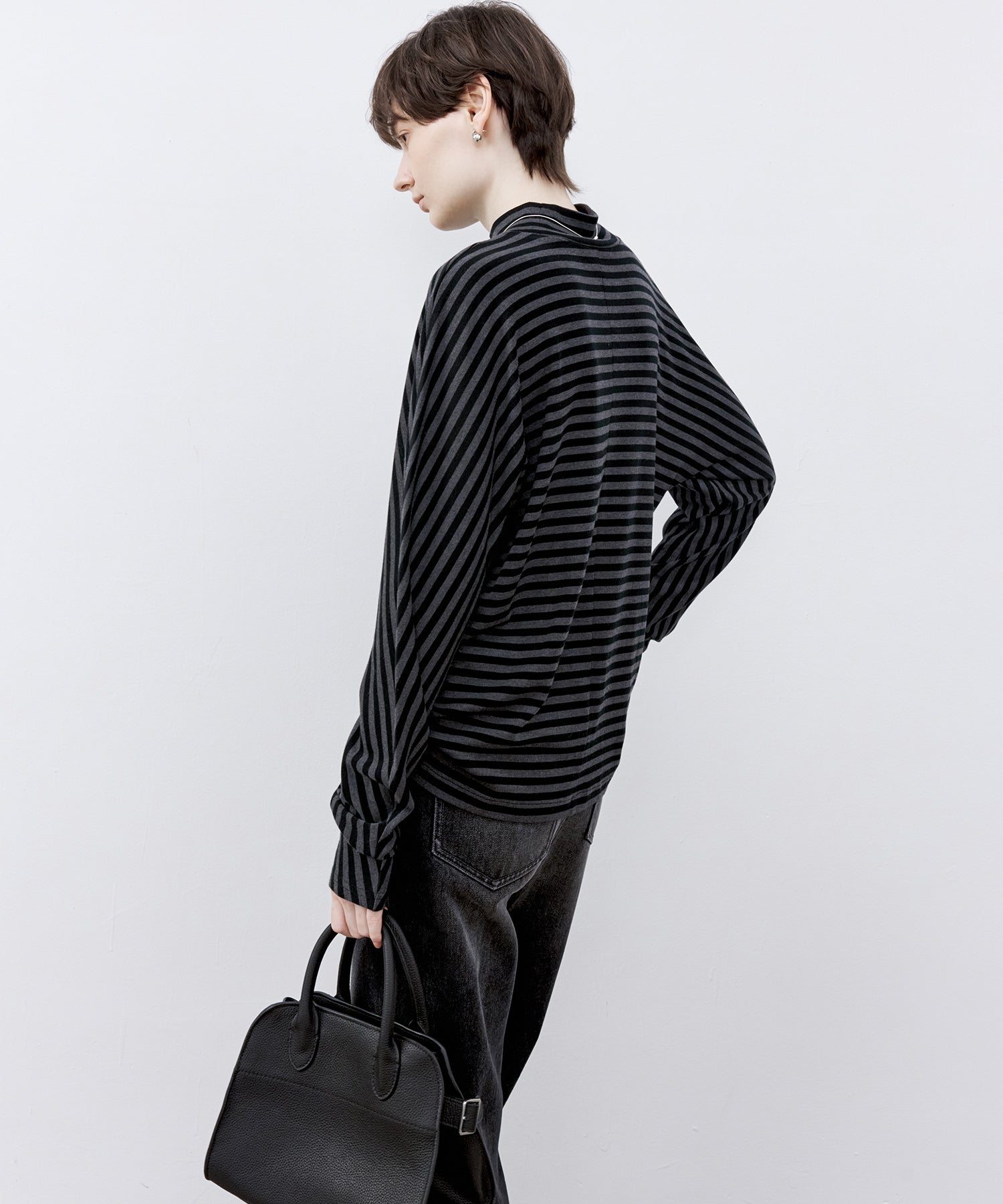 Wool Blend Striped Bihigh Neck Long Sleeve Tee