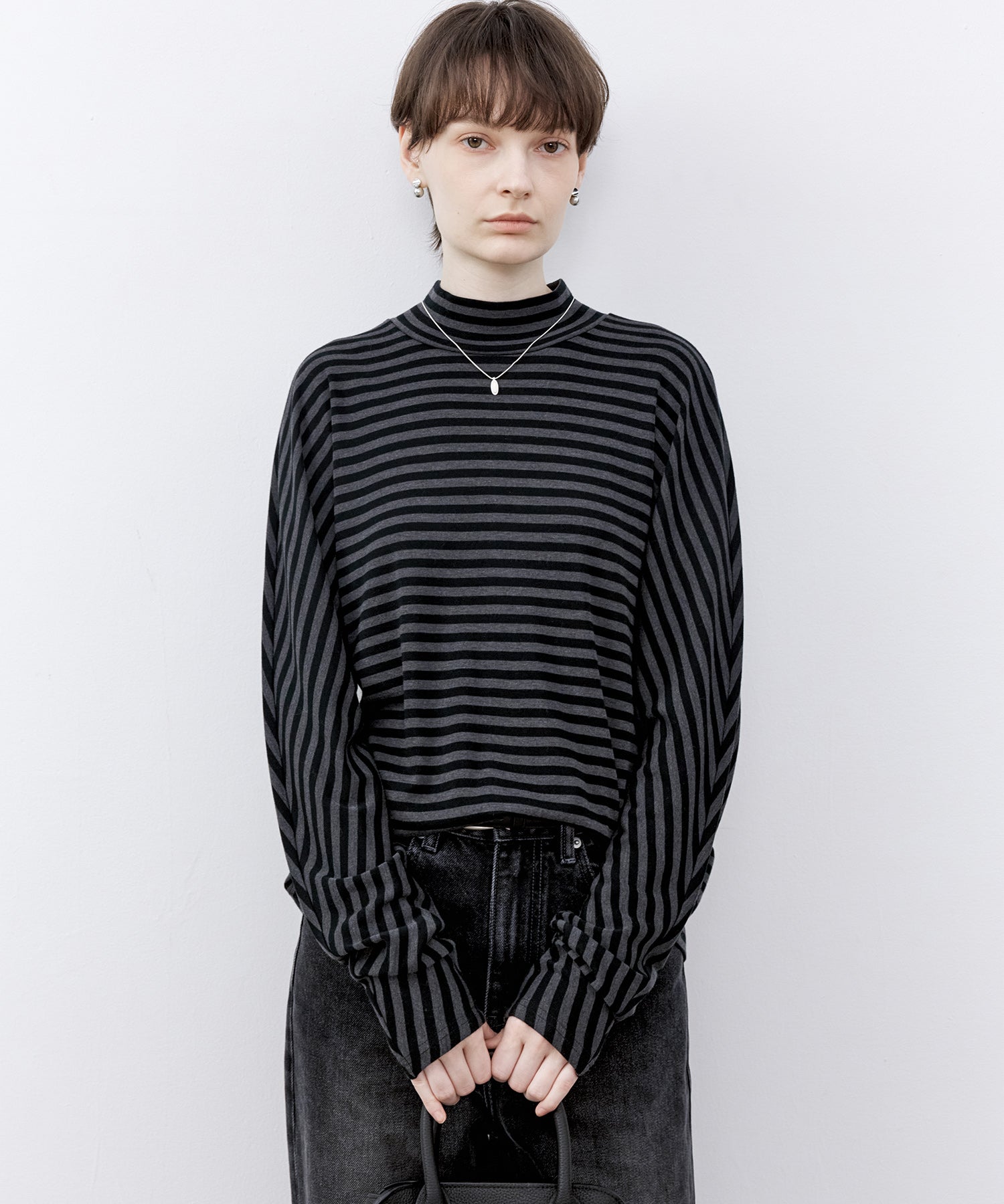 Wool Blend Striped Bihigh Neck Long Sleeve Tee