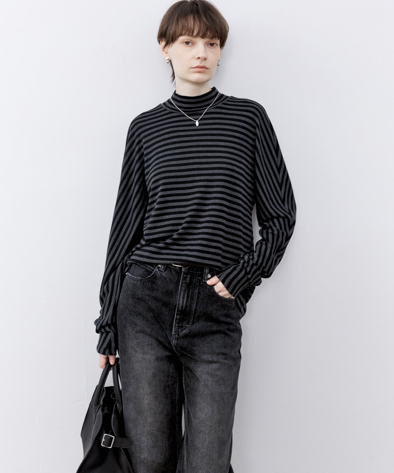 Wool Blend Striped Bihigh Neck Long Sleeve Tee