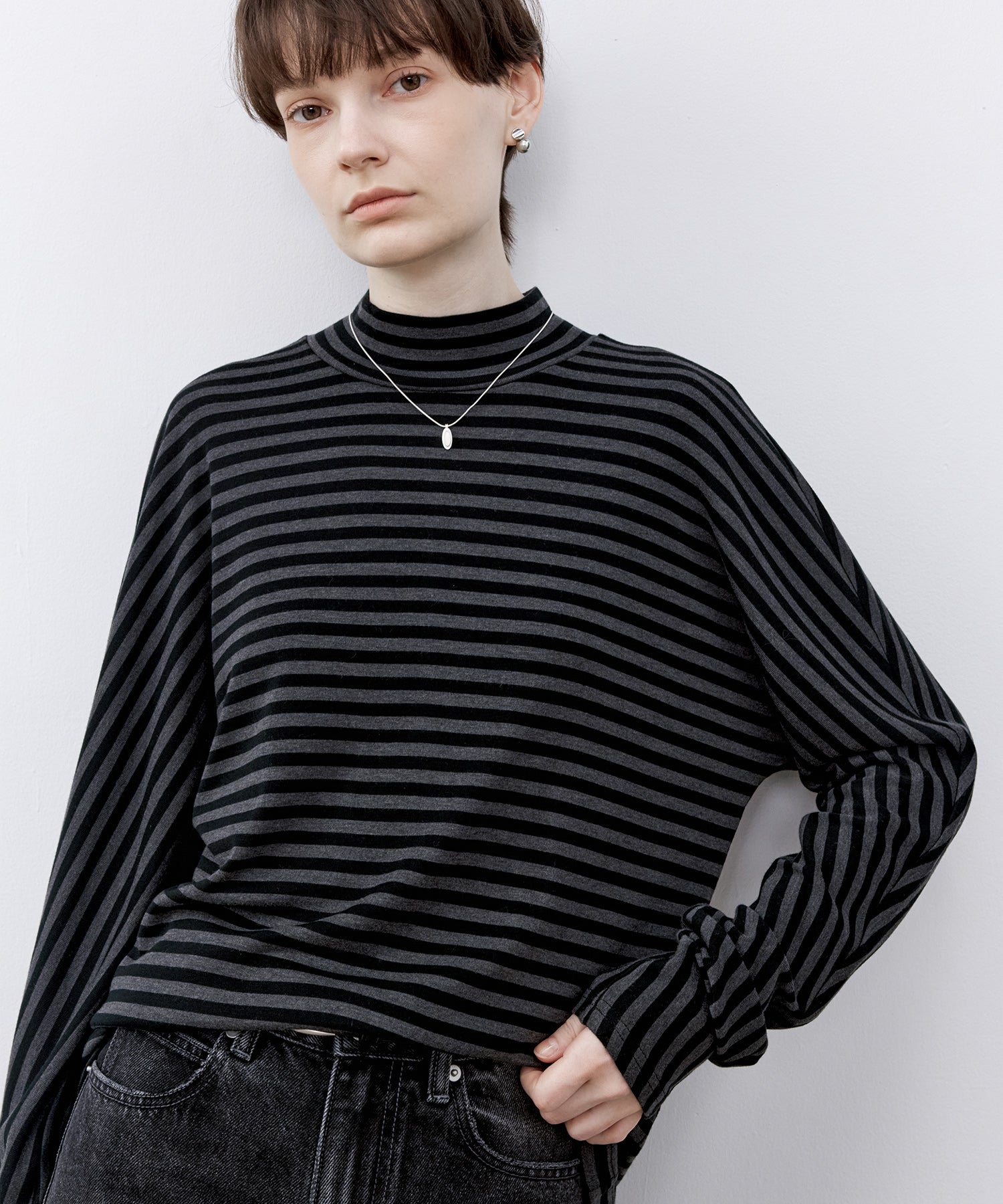 Wool Blend Striped Bihigh Neck Long Sleeve Tee