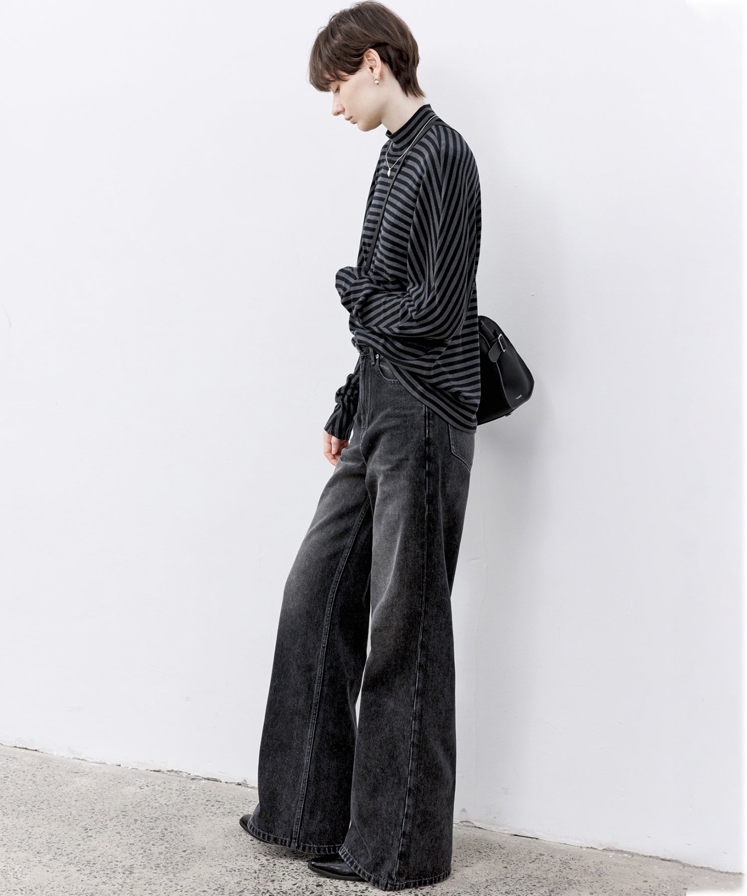 Wool Blend Striped Bihigh Neck Long Sleeve Tee