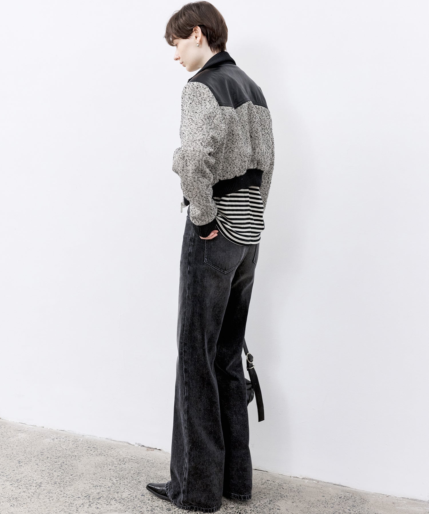 Wool Blend Striped Bihigh Neck Long Sleeve Tee