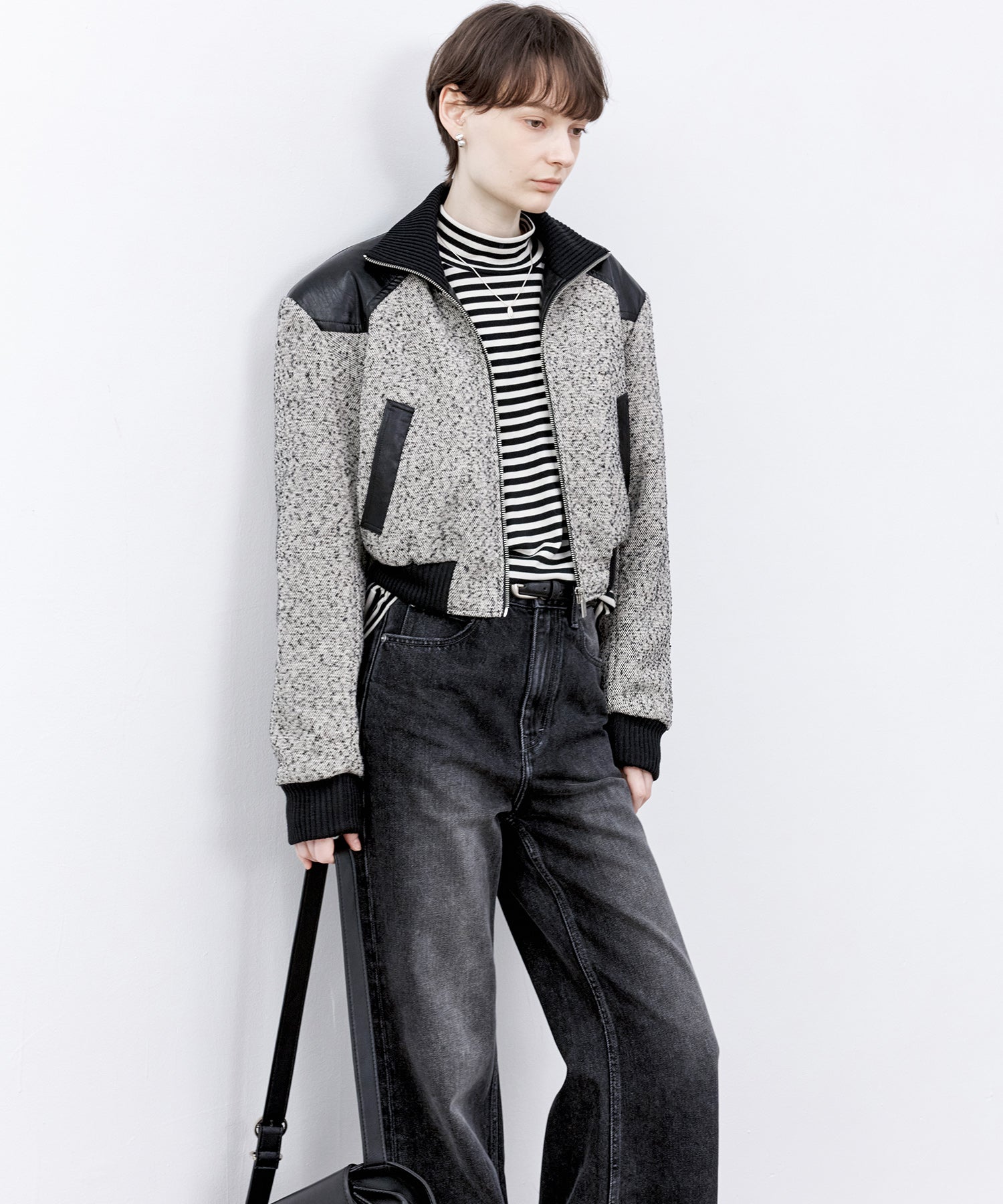 Textured Panel Short Puffer Jacket with Ribbed Stand Collar