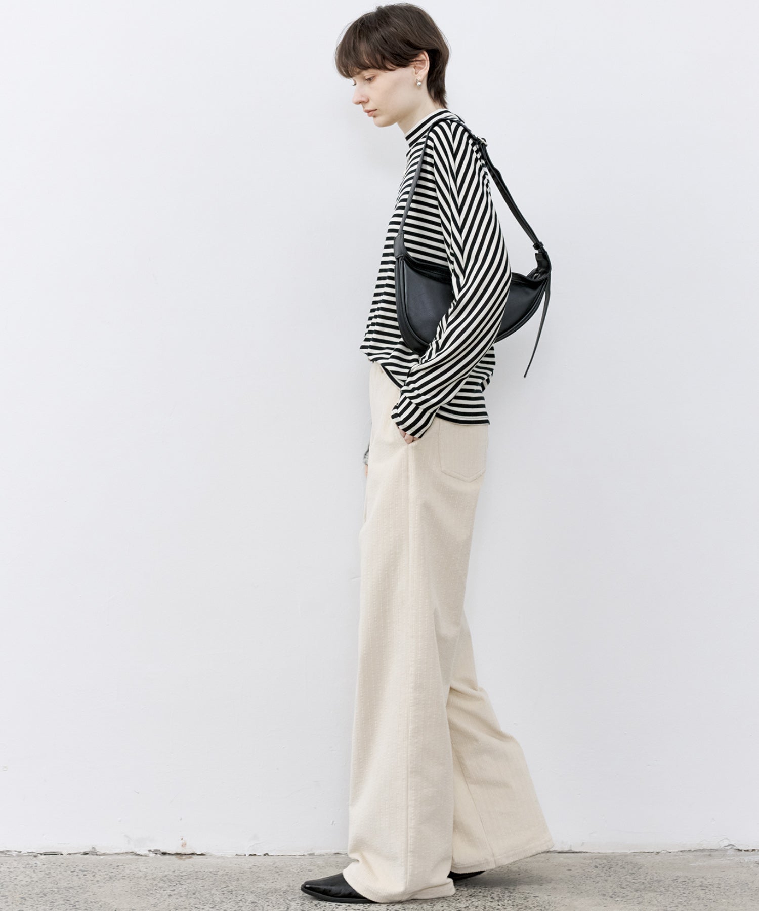 Wool Blend Striped Bihigh Neck Long Sleeve Tee