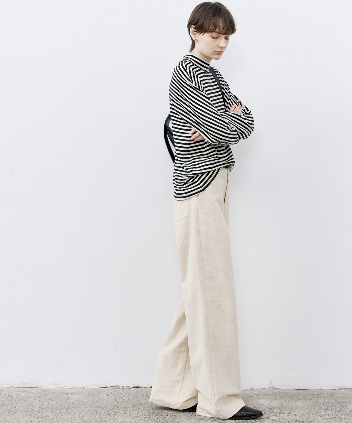 Wool Blend Striped Bihigh Neck Long Sleeve Tee