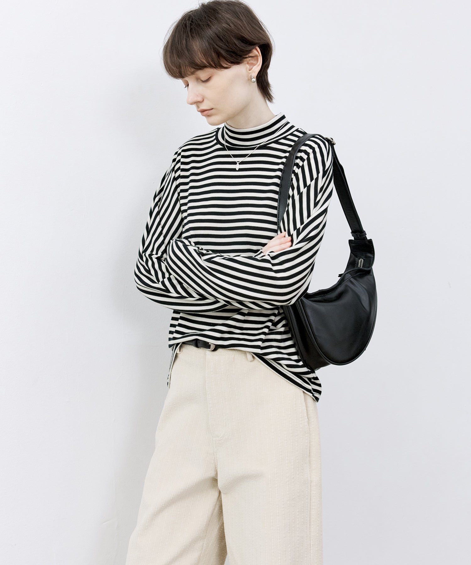 Wool Blend Striped Bihigh Neck Long Sleeve Tee
