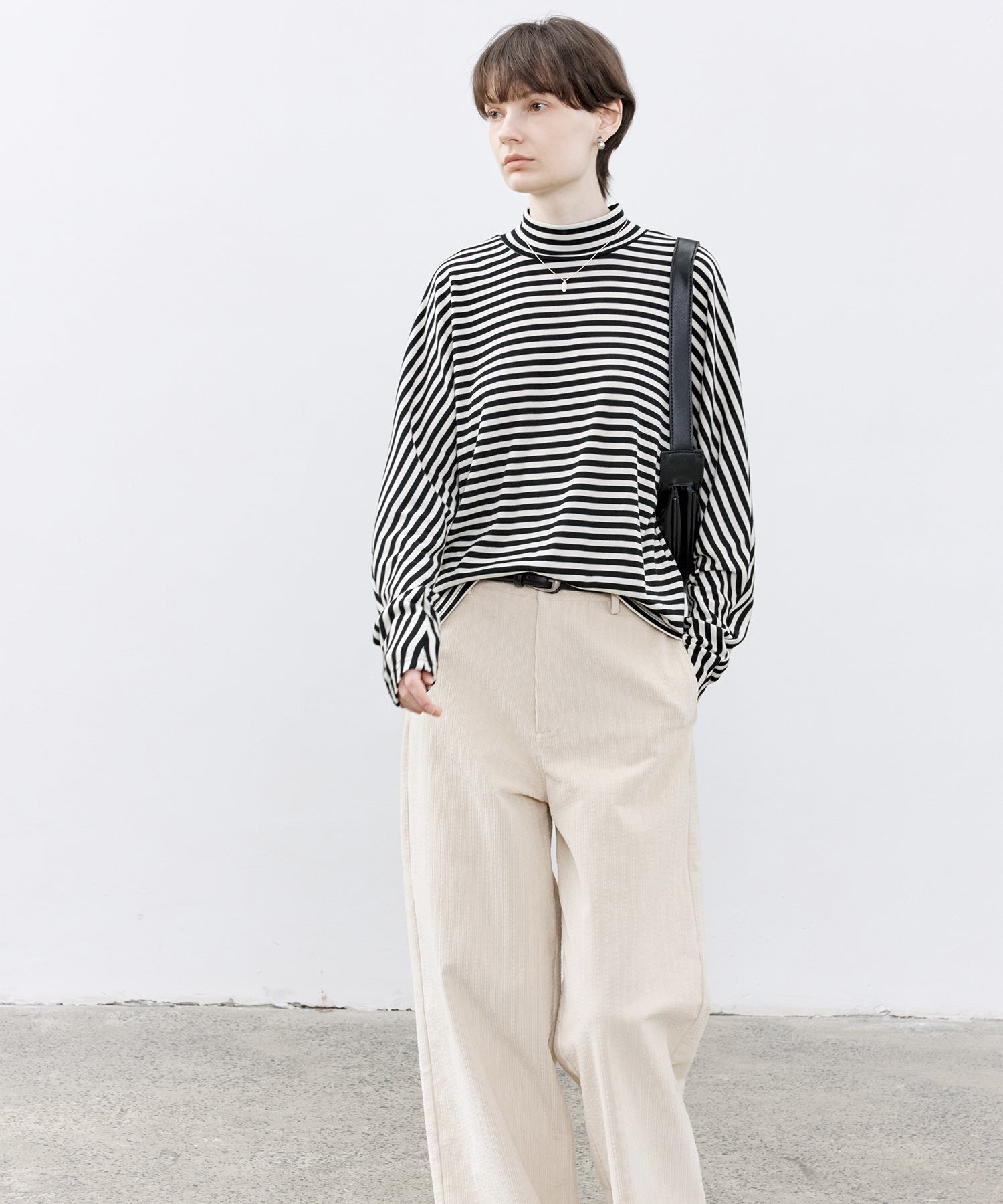 Wool Blend Striped Bihigh Neck Long Sleeve Tee