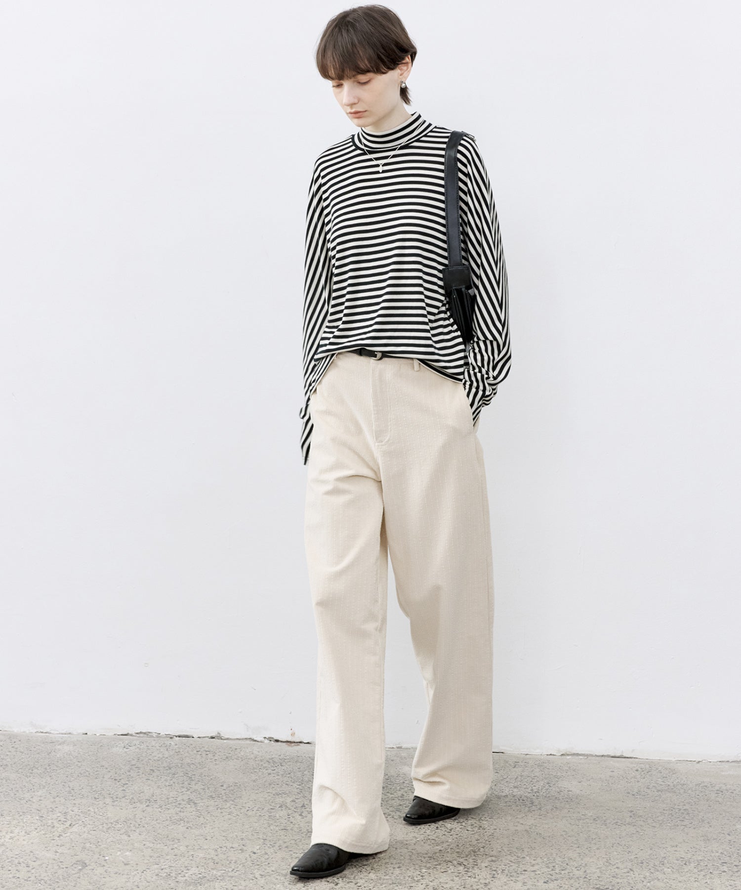 Wool Blend Striped Bihigh Neck Long Sleeve Tee