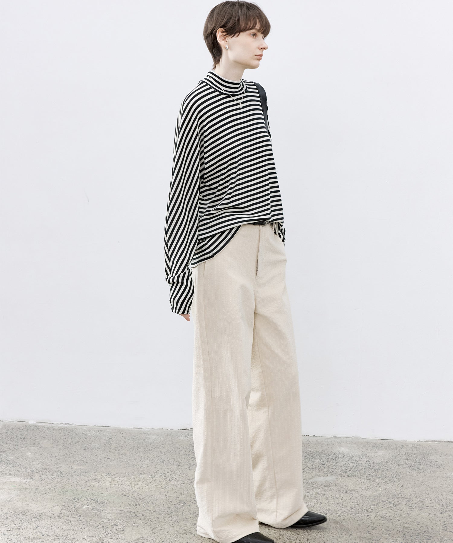 Wool Blend Striped Bihigh Neck Long Sleeve Tee