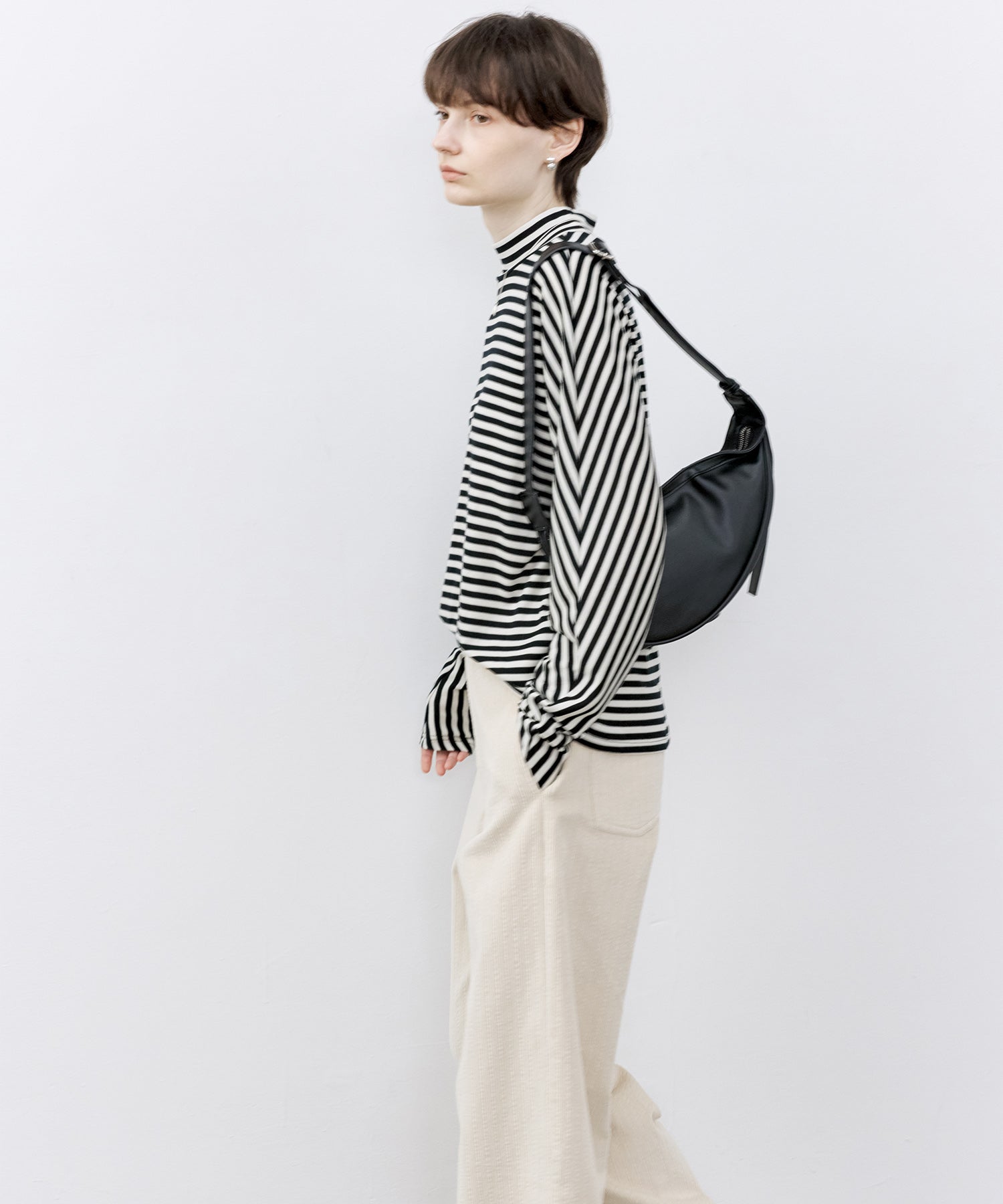 Wool Blend Striped Bihigh Neck Long Sleeve Tee