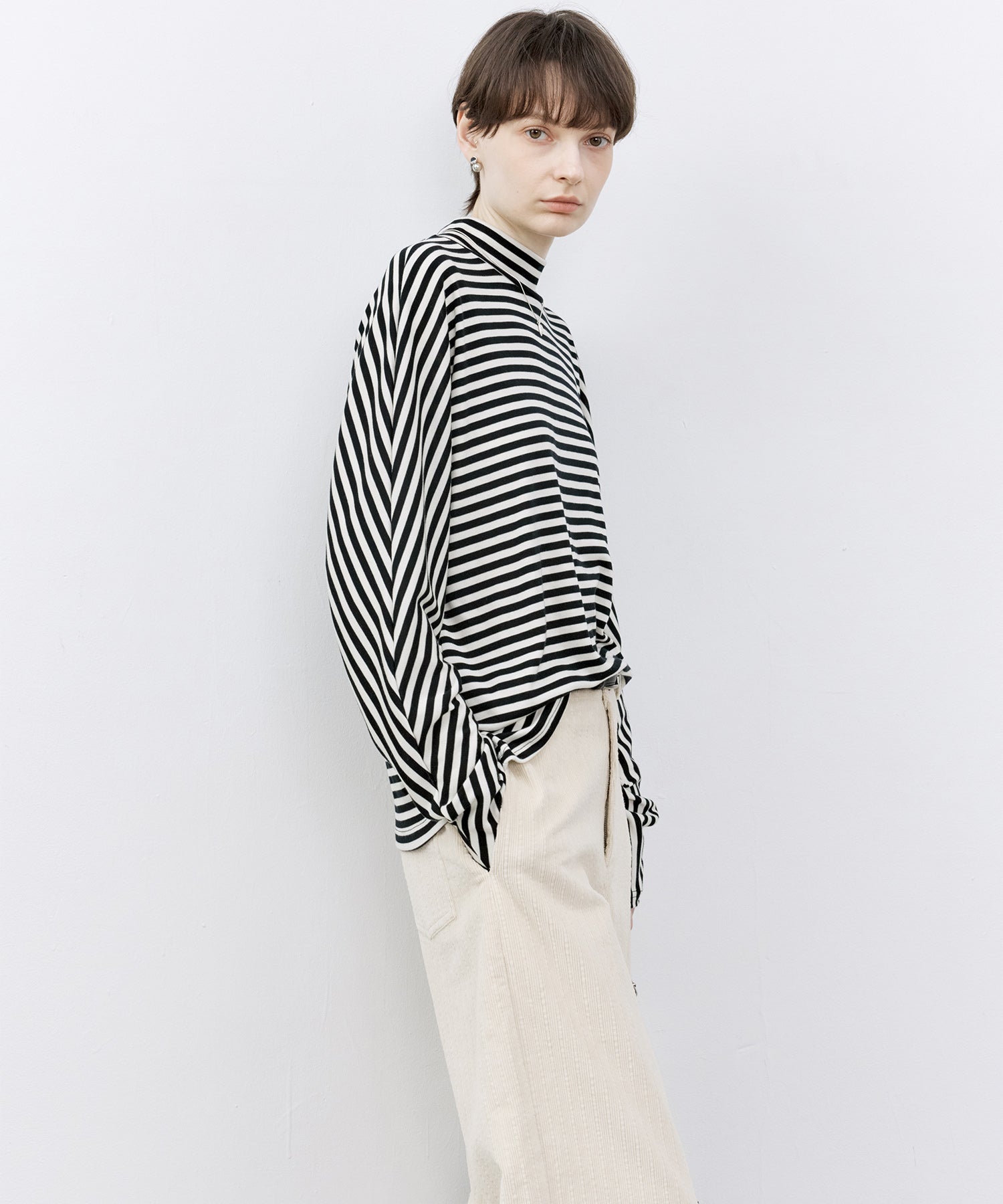 Wool Blend Striped Bihigh Neck Long Sleeve Tee