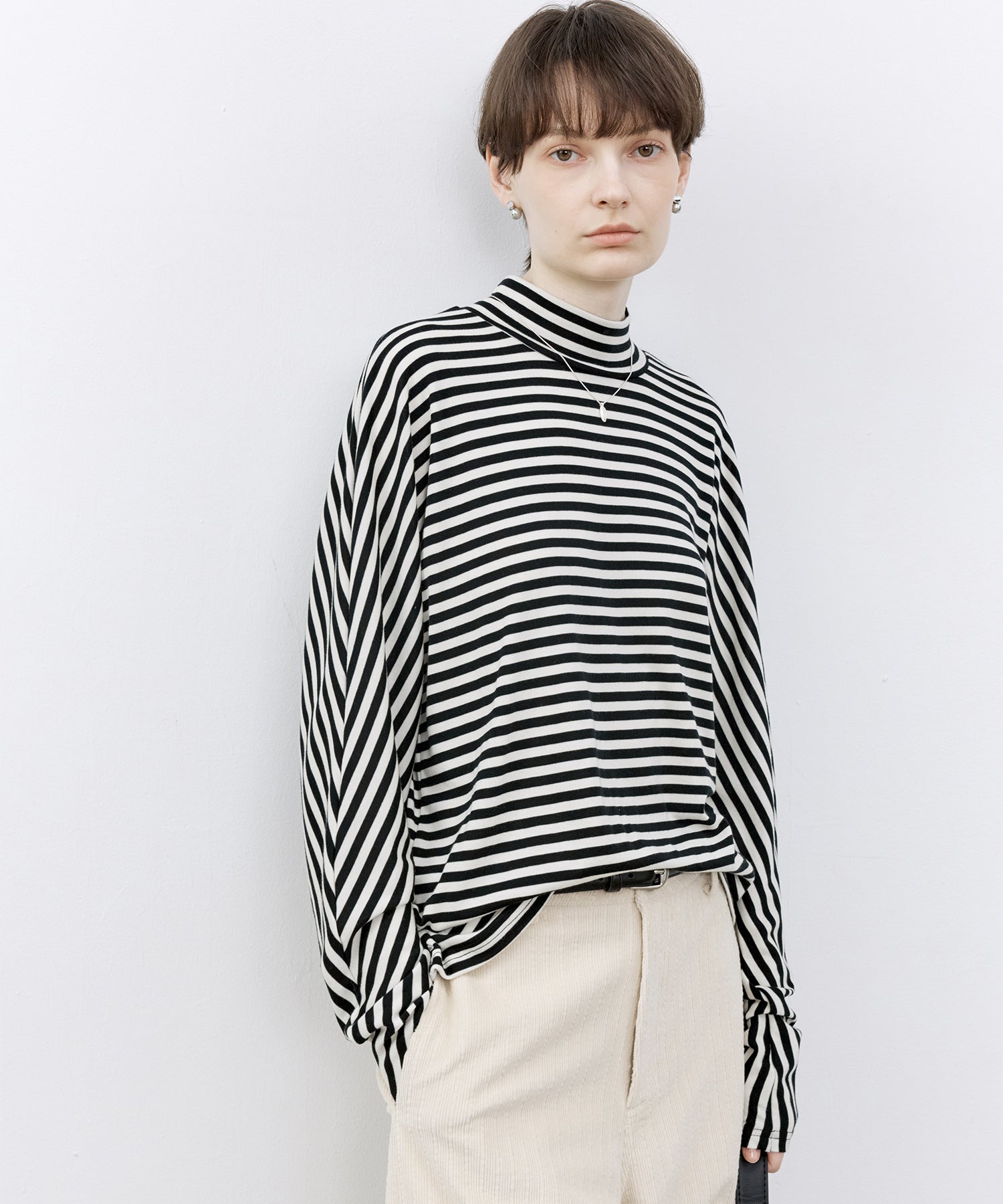 Wool Blend Striped Bihigh Neck Long Sleeve Tee
