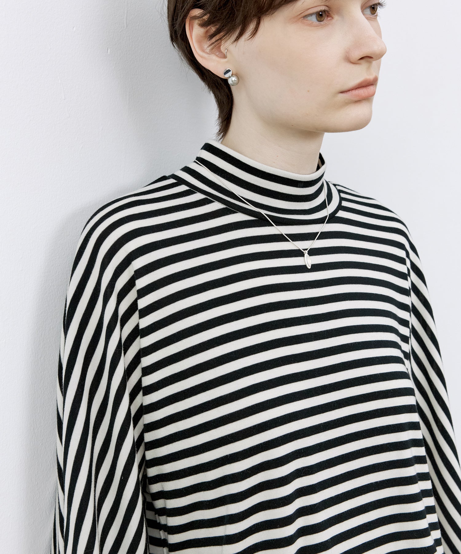 Wool Blend Striped Bihigh Neck Long Sleeve Tee