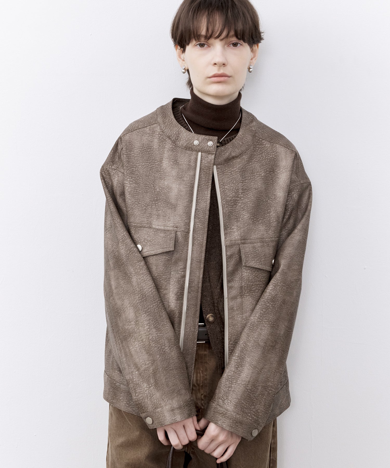 Vintage Grain Washed Faux Leather Panel Jacket