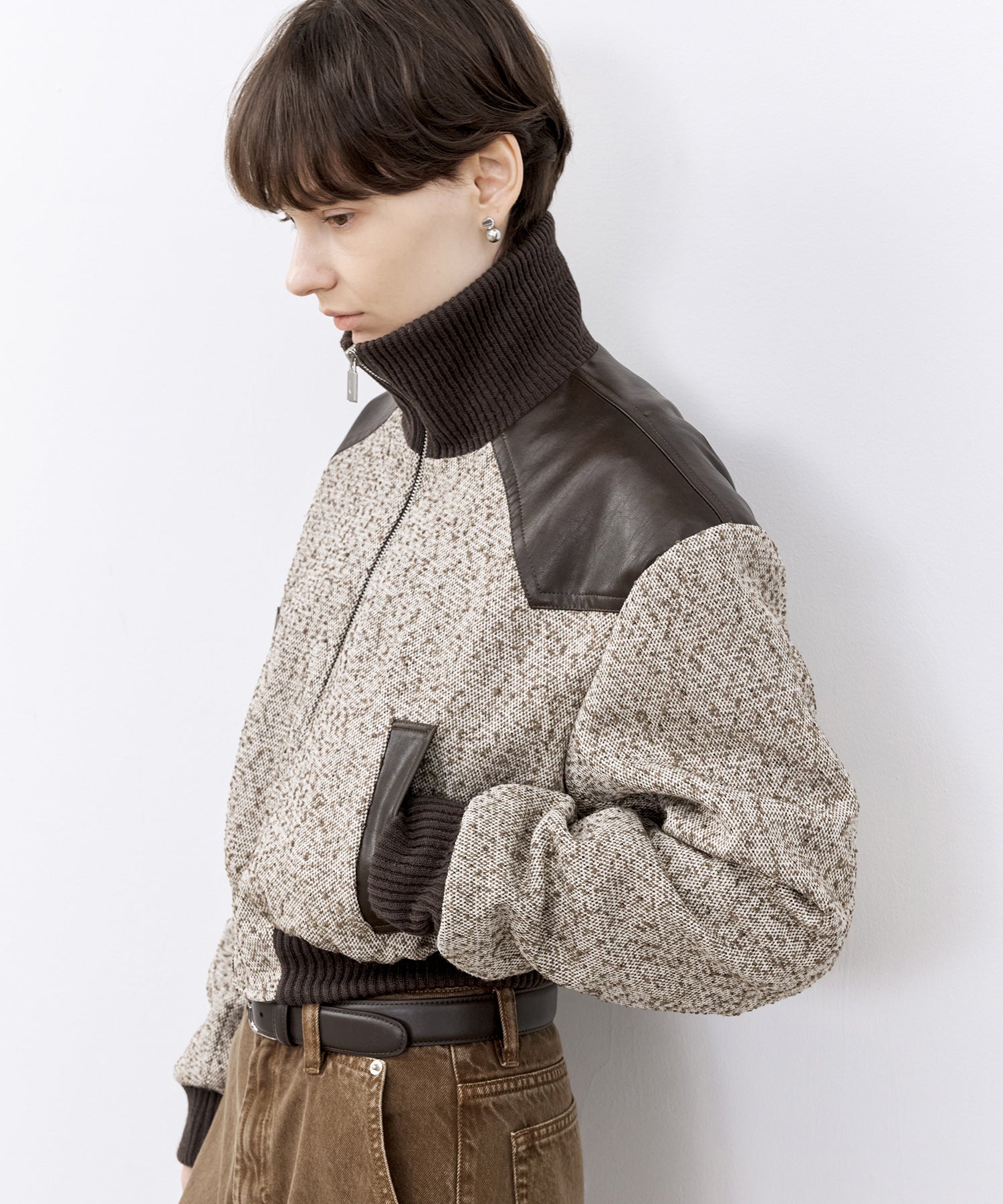 Textured Panel Short Puffer Jacket with Ribbed Stand Collar