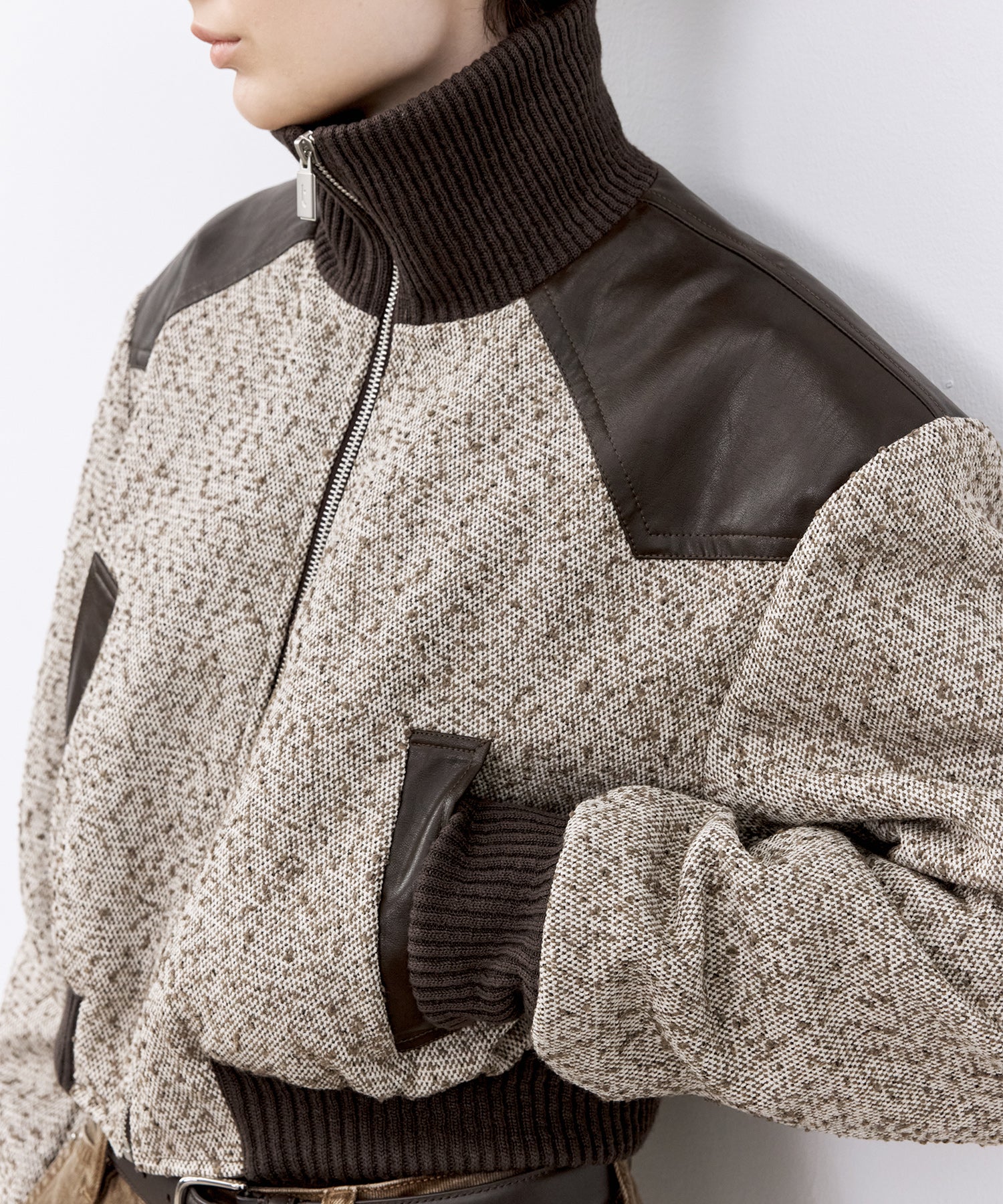Textured Panel Short Puffer Jacket with Ribbed Stand Collar