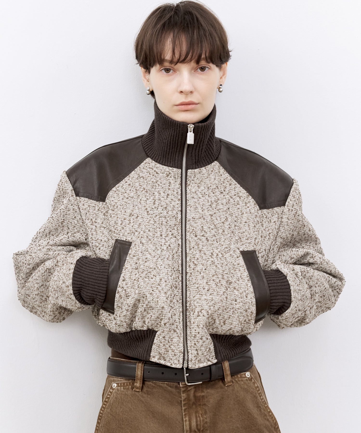 Textured Panel Short Puffer Jacket with Ribbed Stand Collar