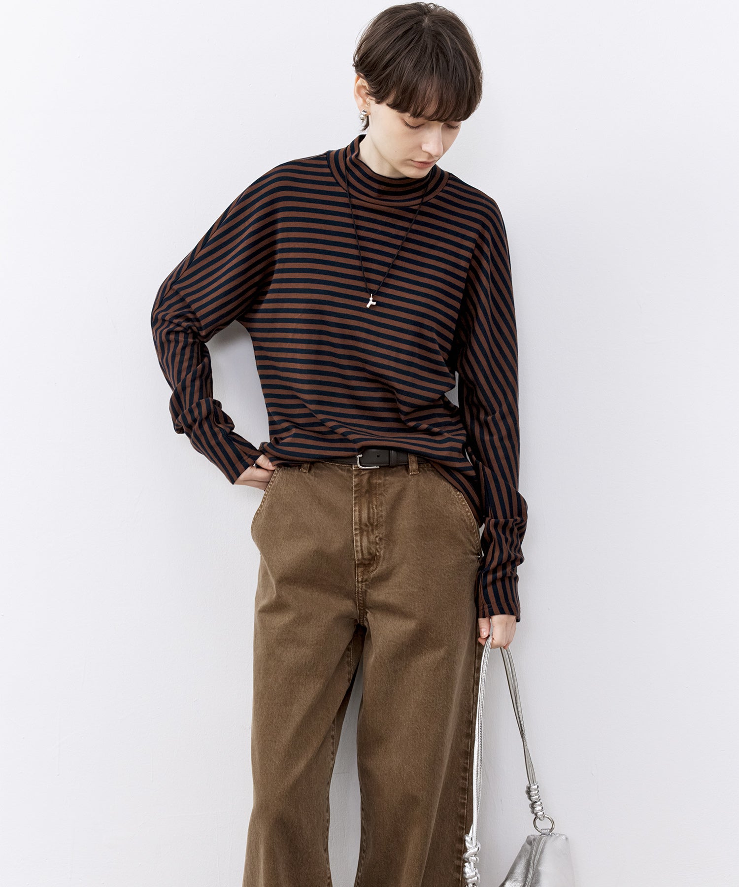 Wool Blend Striped Bihigh Neck Long Sleeve Tee