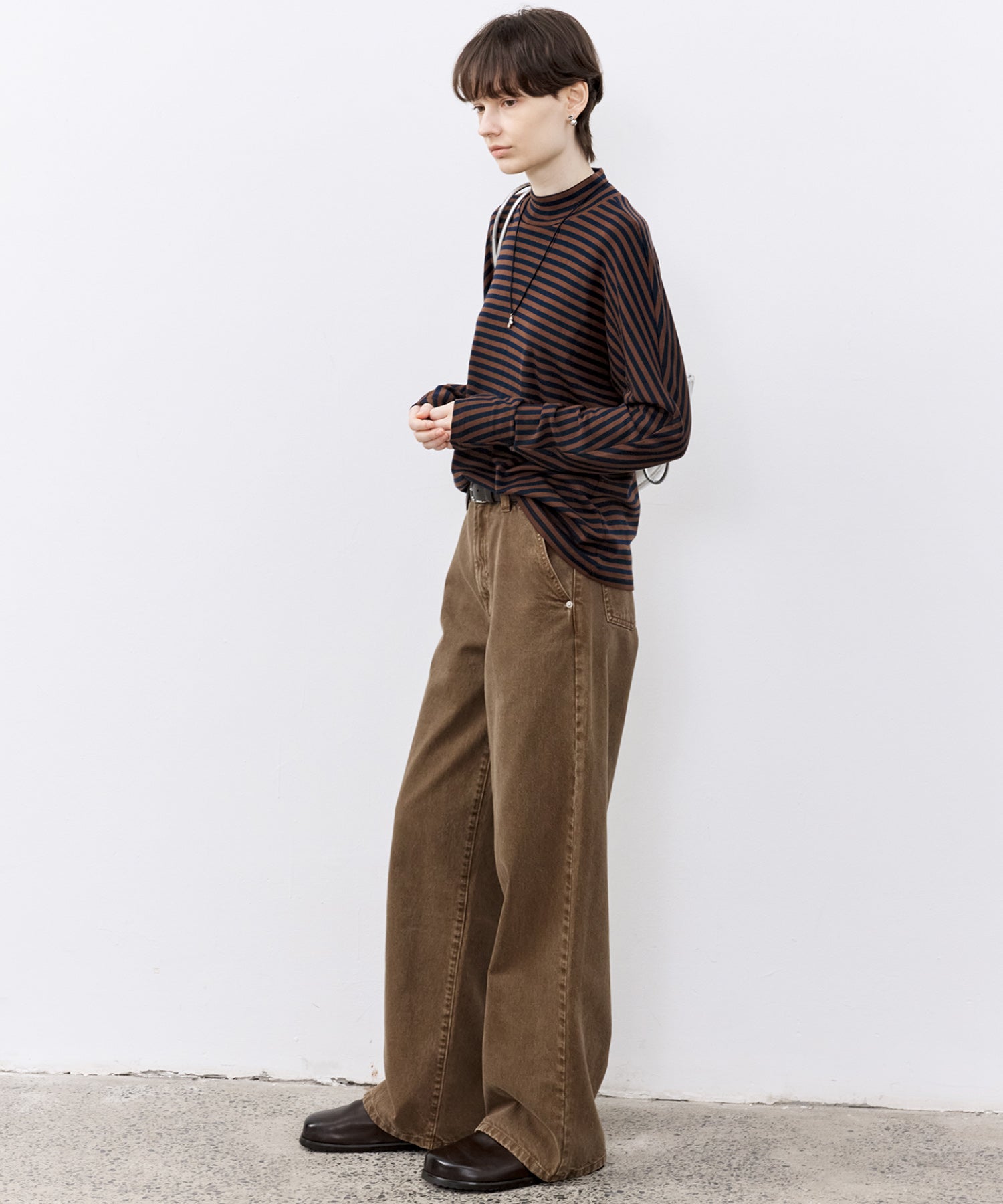 Wool Blend Striped Bihigh Neck Long Sleeve Tee