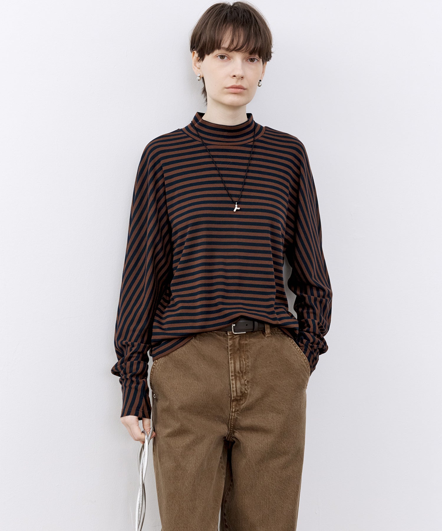 Wool Blend Striped Bihigh Neck Long Sleeve Tee