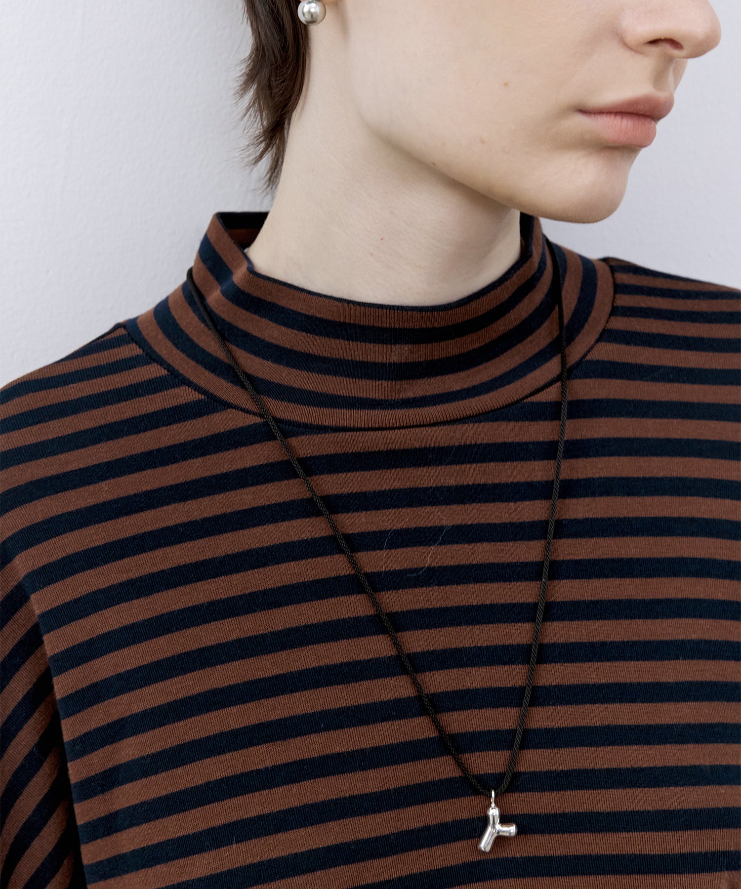 Wool Blend Striped Bihigh Neck Long Sleeve Tee