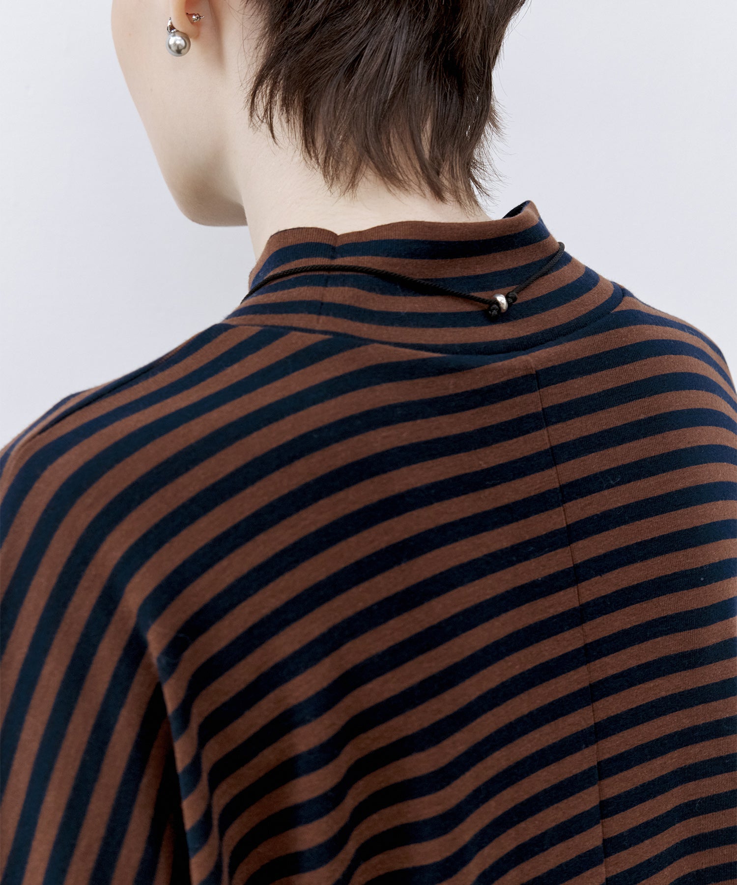 Wool Blend Striped Bihigh Neck Long Sleeve Tee
