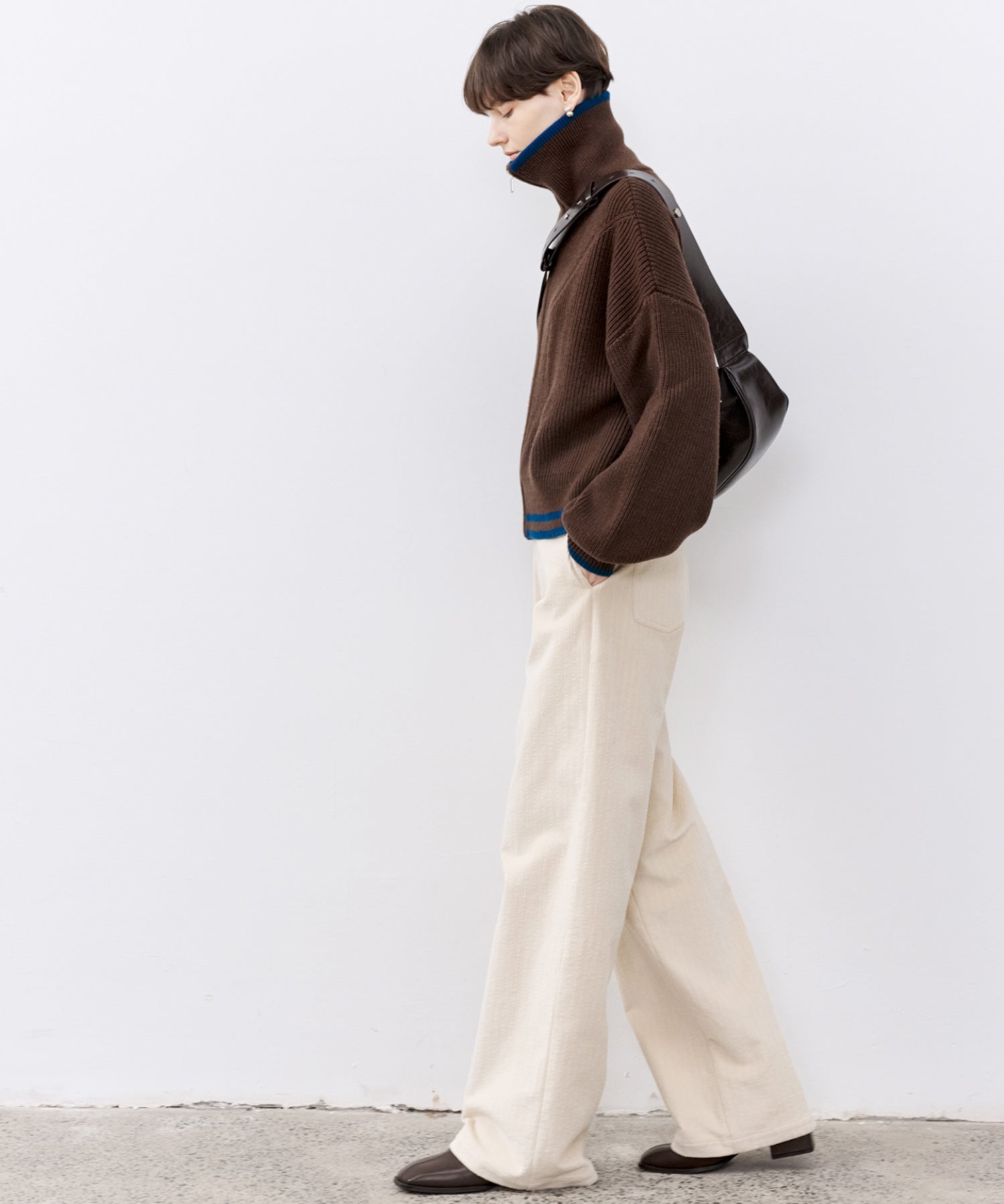 Contrast Panel Wool Zip Cardigan with Dual-Way Collar