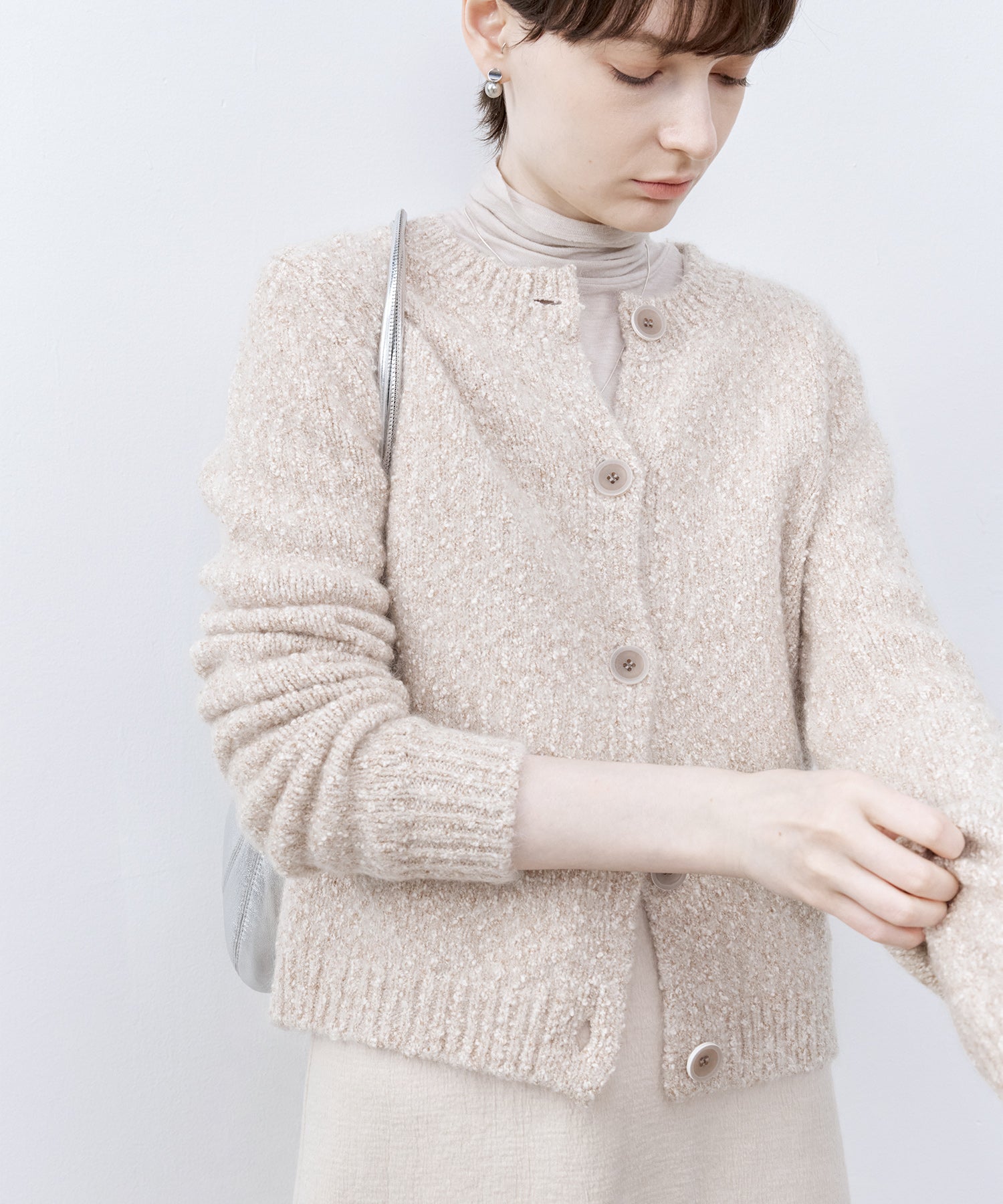 Nepped Knit Cardigan with Tweed Texture