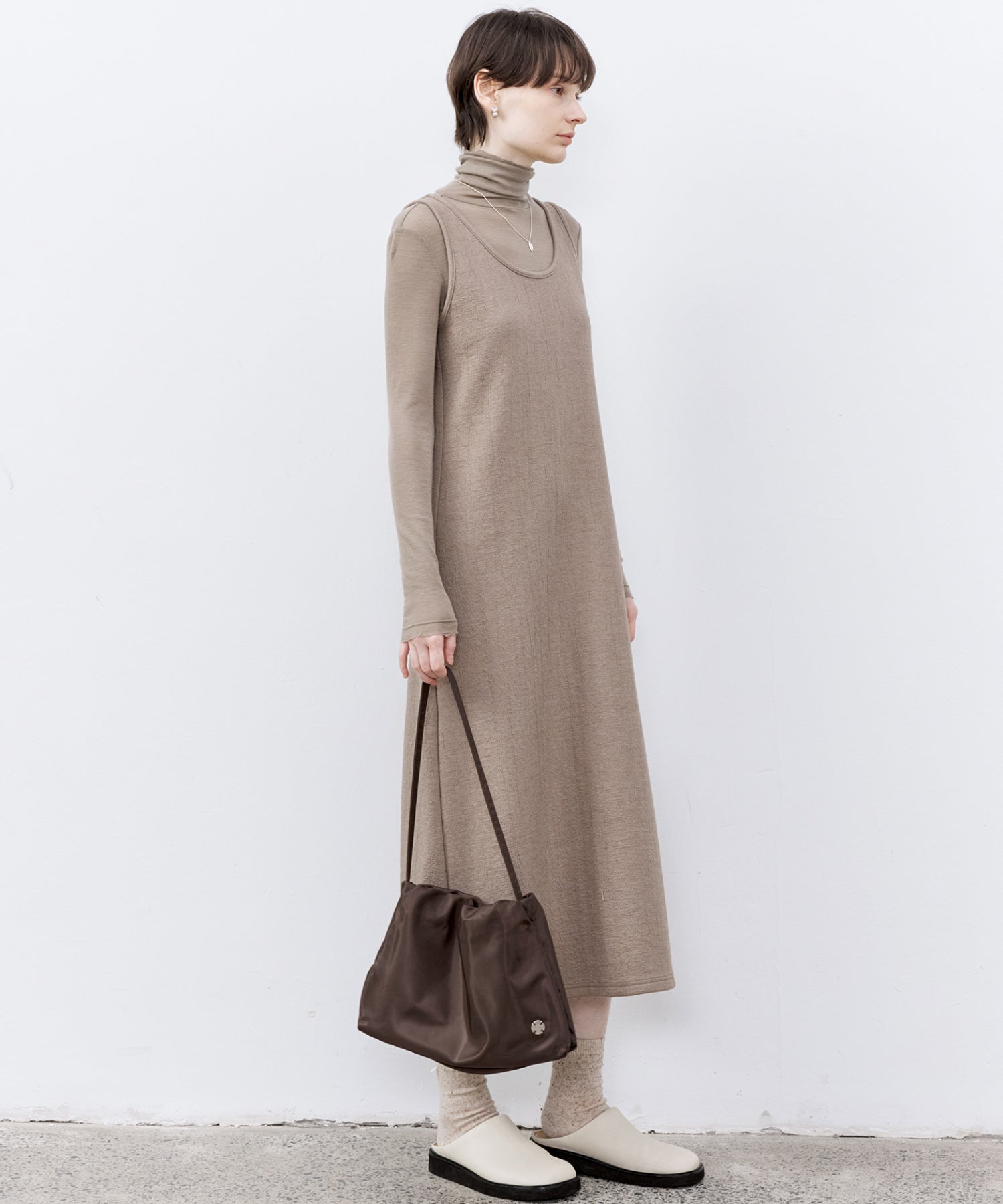 Draped Texture Wool Turtleneck Long Sleeve Top