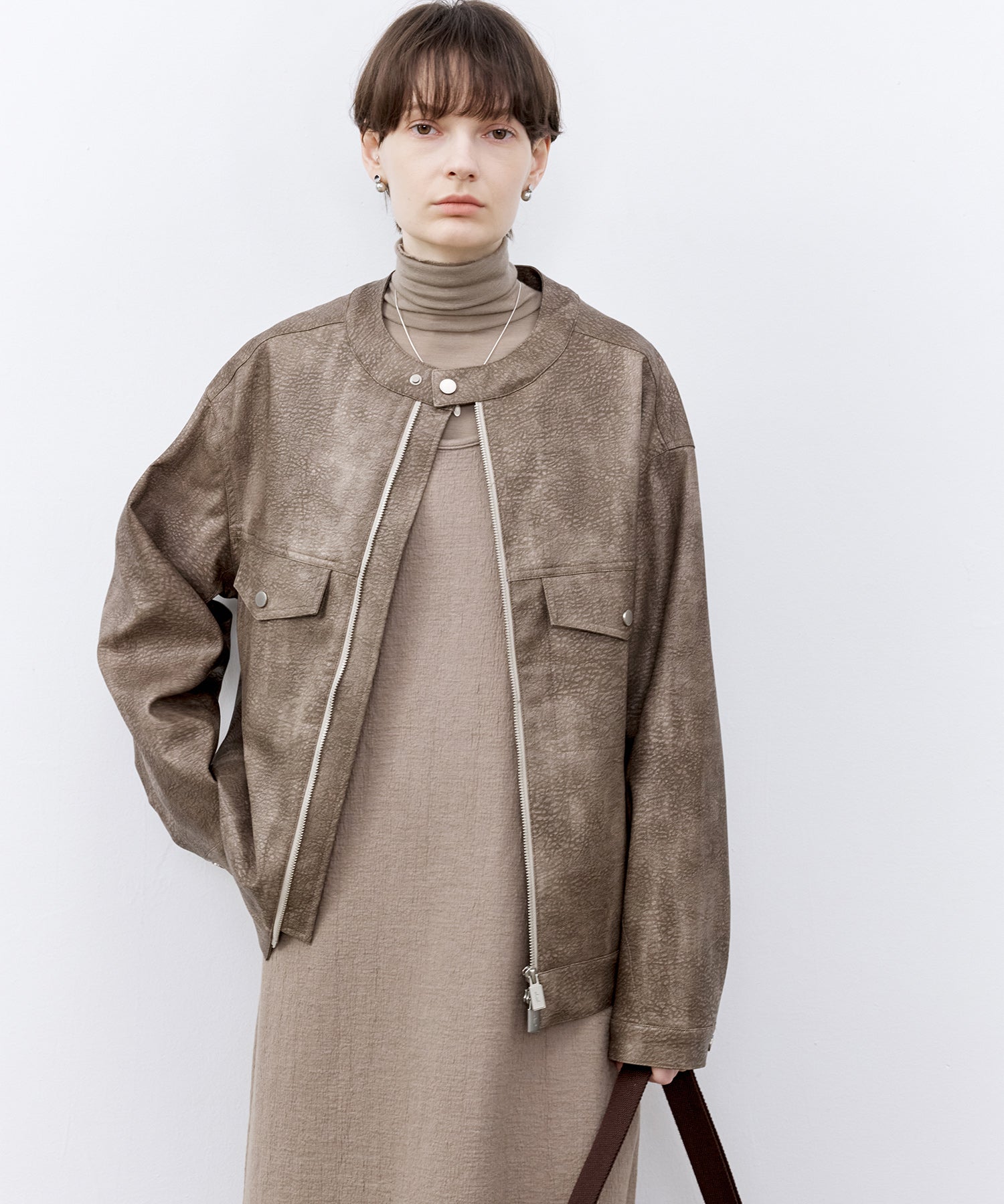 Vintage Grain Washed Faux Leather Panel Jacket